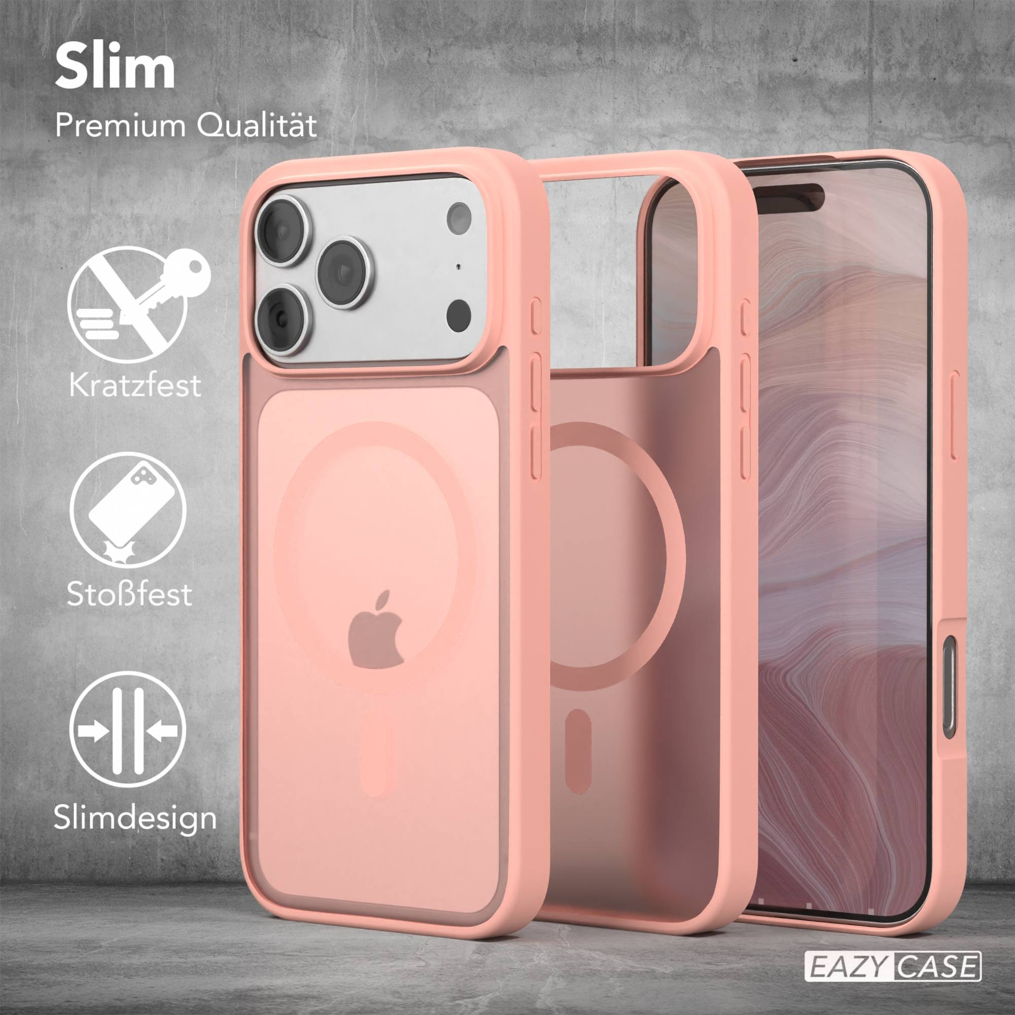 Drei rosa Handyhüllen. Eine mit Telefon, die anderen beiden getrennt. Text links: Slim, Kratzfest, Stoßfest, Slimdesign.