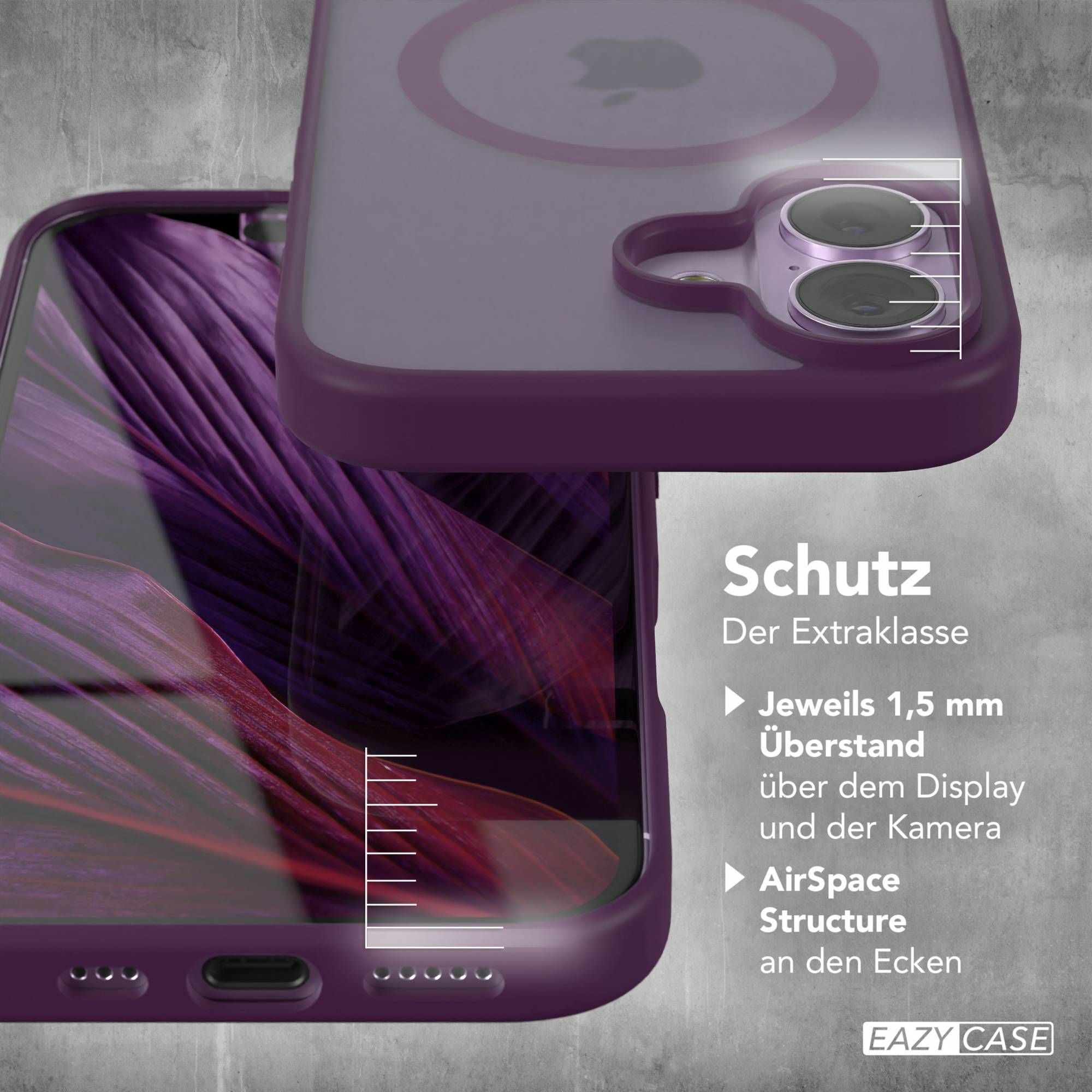 Ein lila Handyhülle mit einem Telefon darin wird auf grauem Hintergrund gezeigt. Text rechts erwähnt Schutzfunktionen.