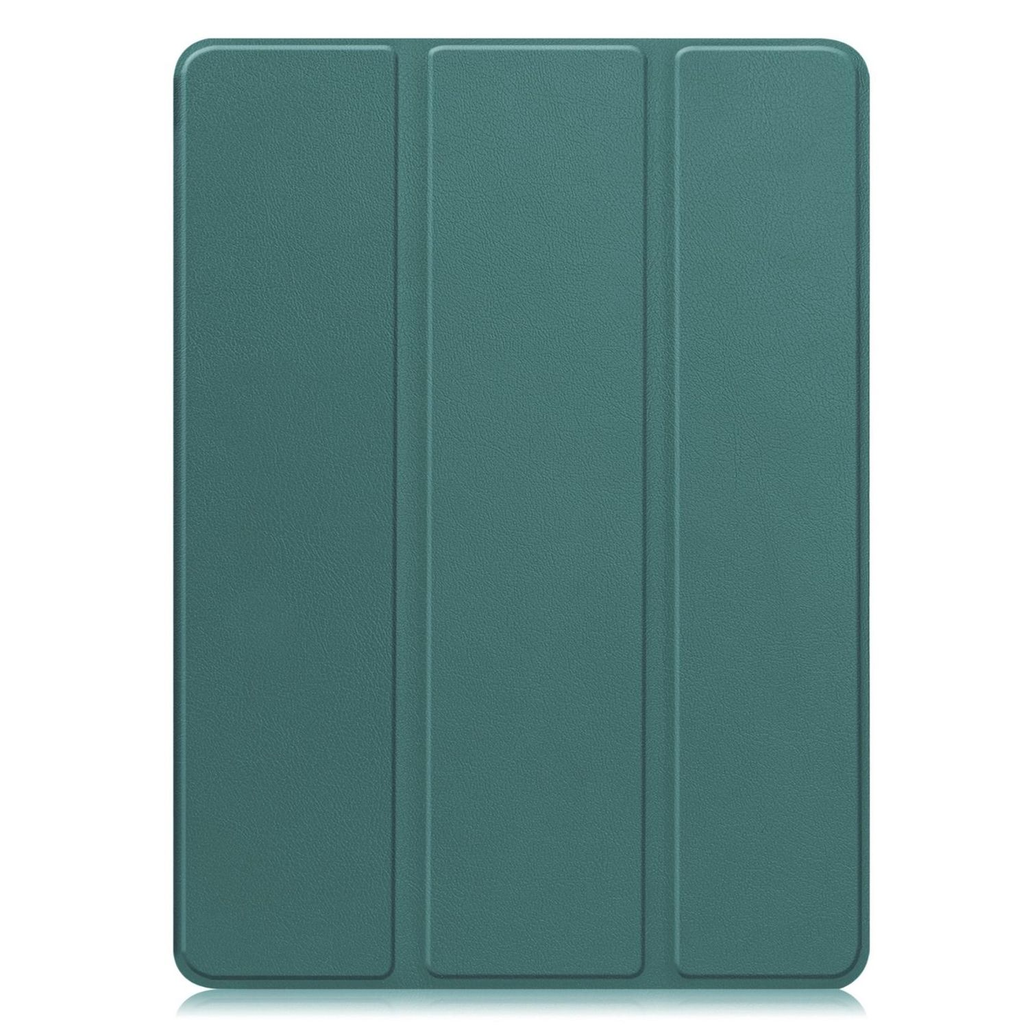 Una custodia per tablet verde acqua, piegata in tre sezioni. La superficie è strutturata. È posta su uno sfondo bianco con una sottile riflessione.