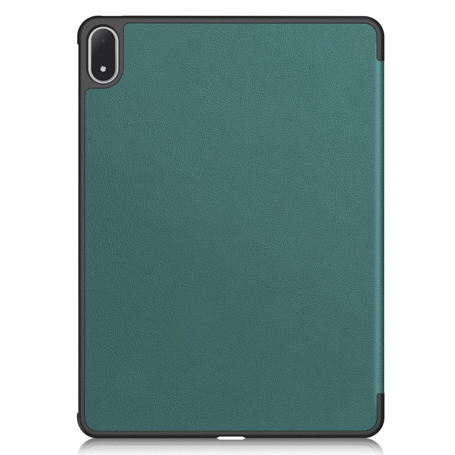 Una custodia per tablet con una texture in pelle verde acqua. Ha un bordo nero. La fotocamera è nell'angolo in alto a sinistra.