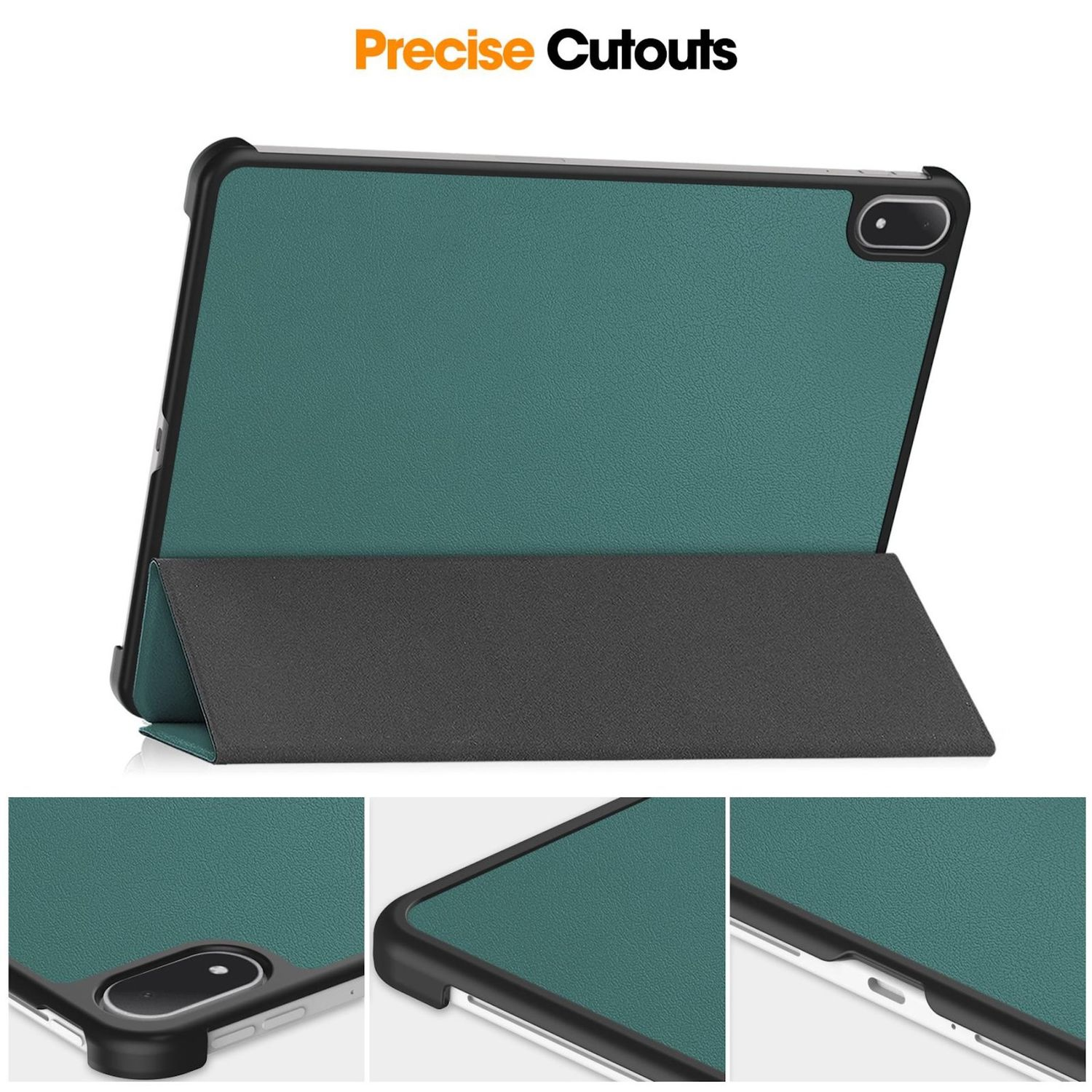 Custodia per tablet con interno verde e cornice nera, aperta. Testo "Precise Cutouts" arancione in alto.