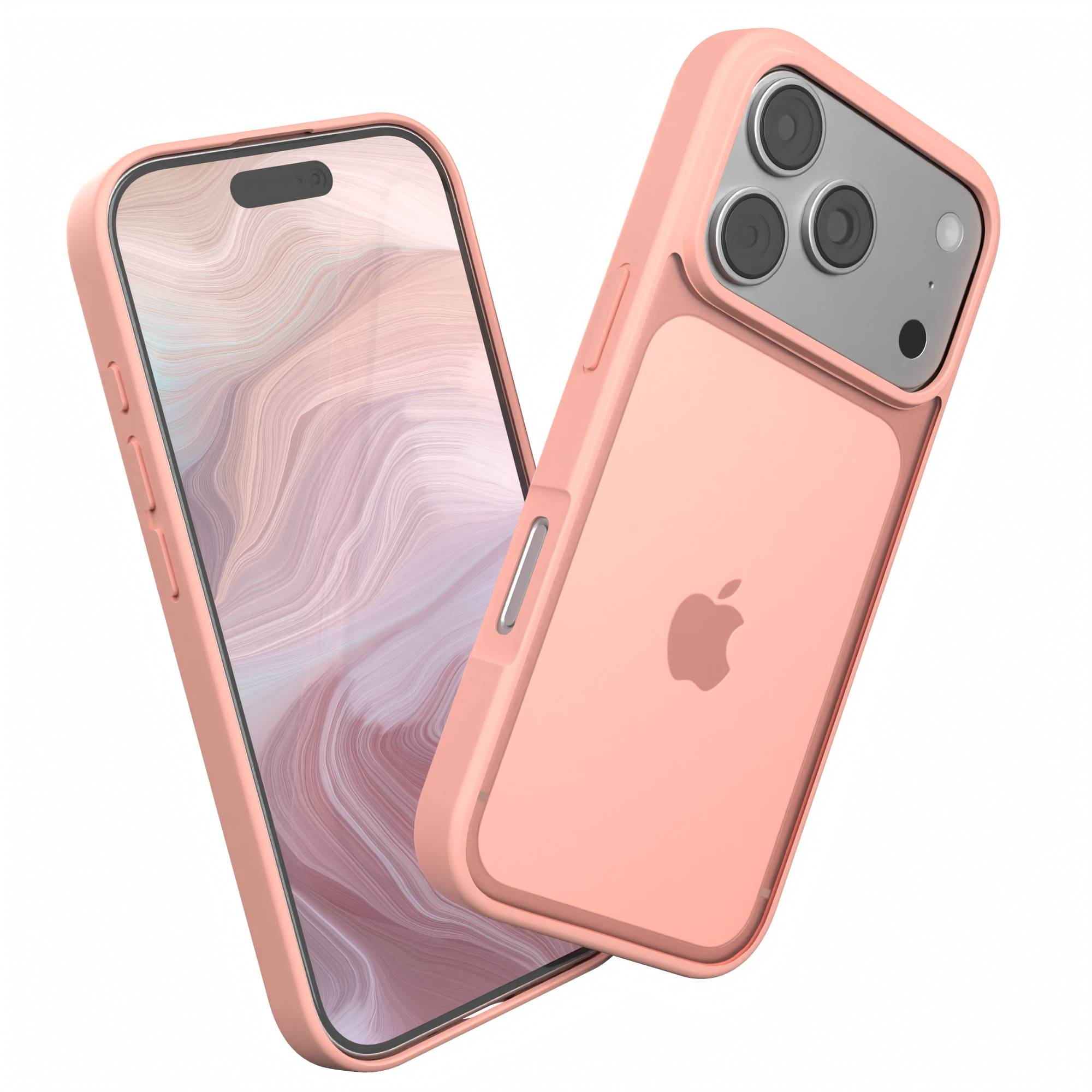 Zwei Telefone in rosa Hüllen. Eines zeigt einen Bildschirm, das andere das Apple-Logo. Beide Hüllen sind rosa.