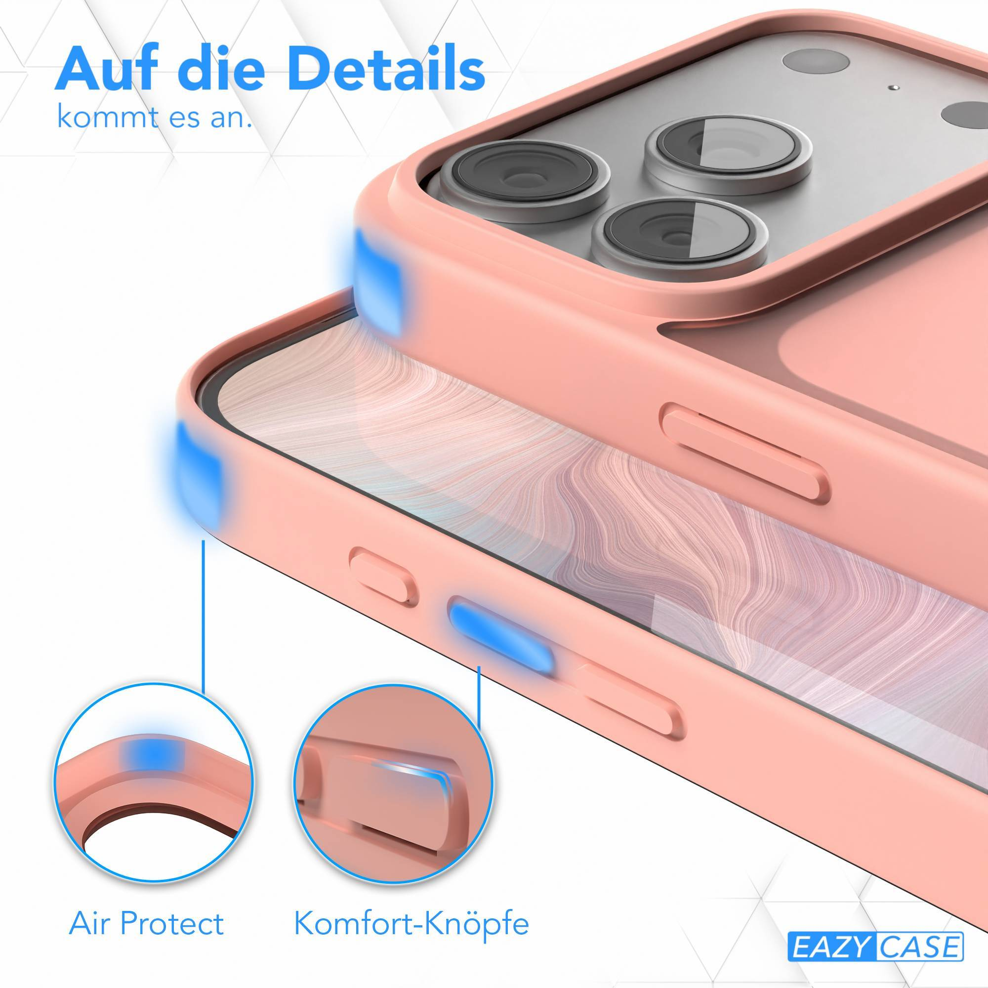 Nahaufnahme einer rosa Handyhülle mit Telefon. Details sind blau hervorgehoben und mit deutschem Text versehen.