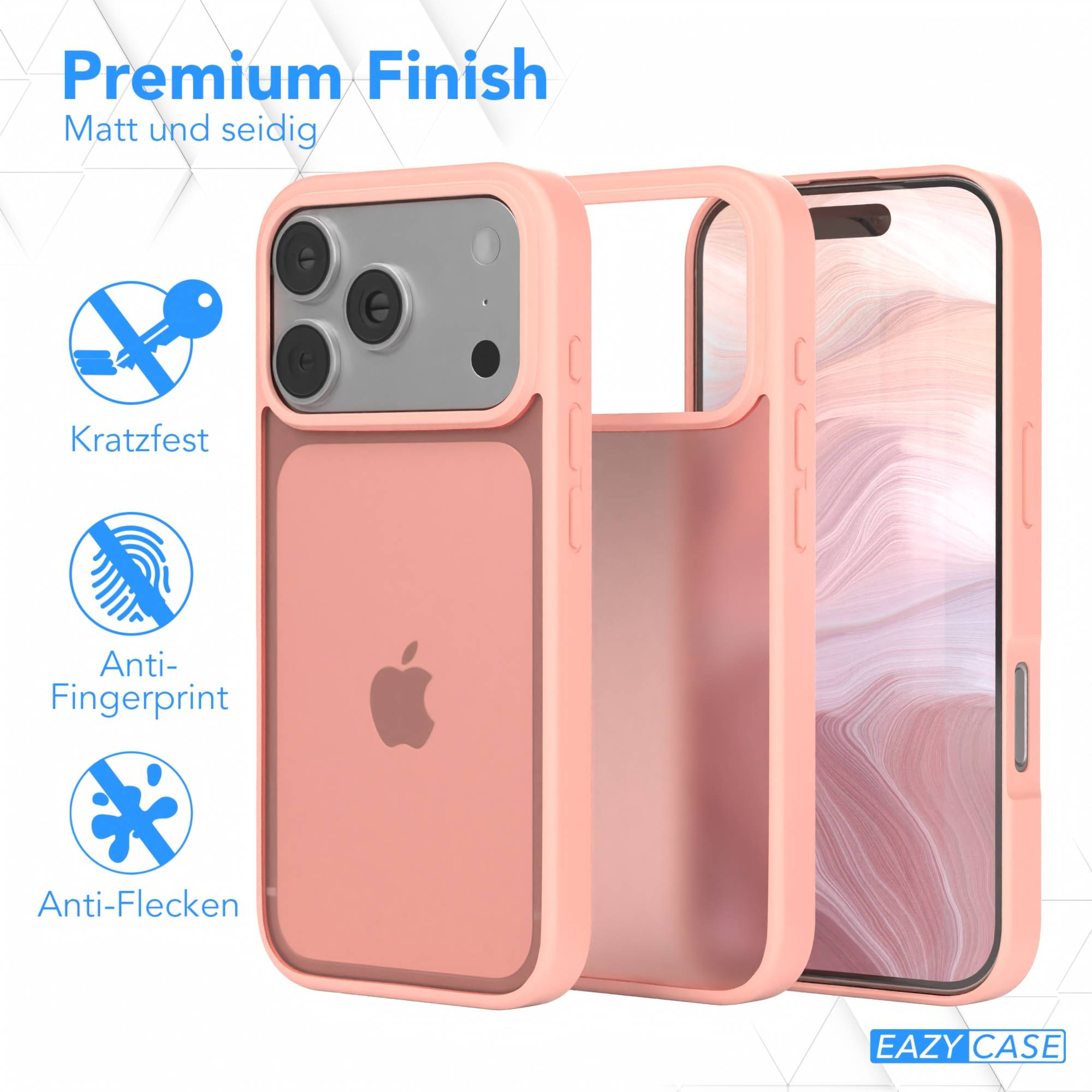 Eine rosa Handyhülle mit einem iPhone darin. Zu den Merkmalen gehören Kratzfestigkeit, Fingerabdruckresistenz und Anti-Flecken.