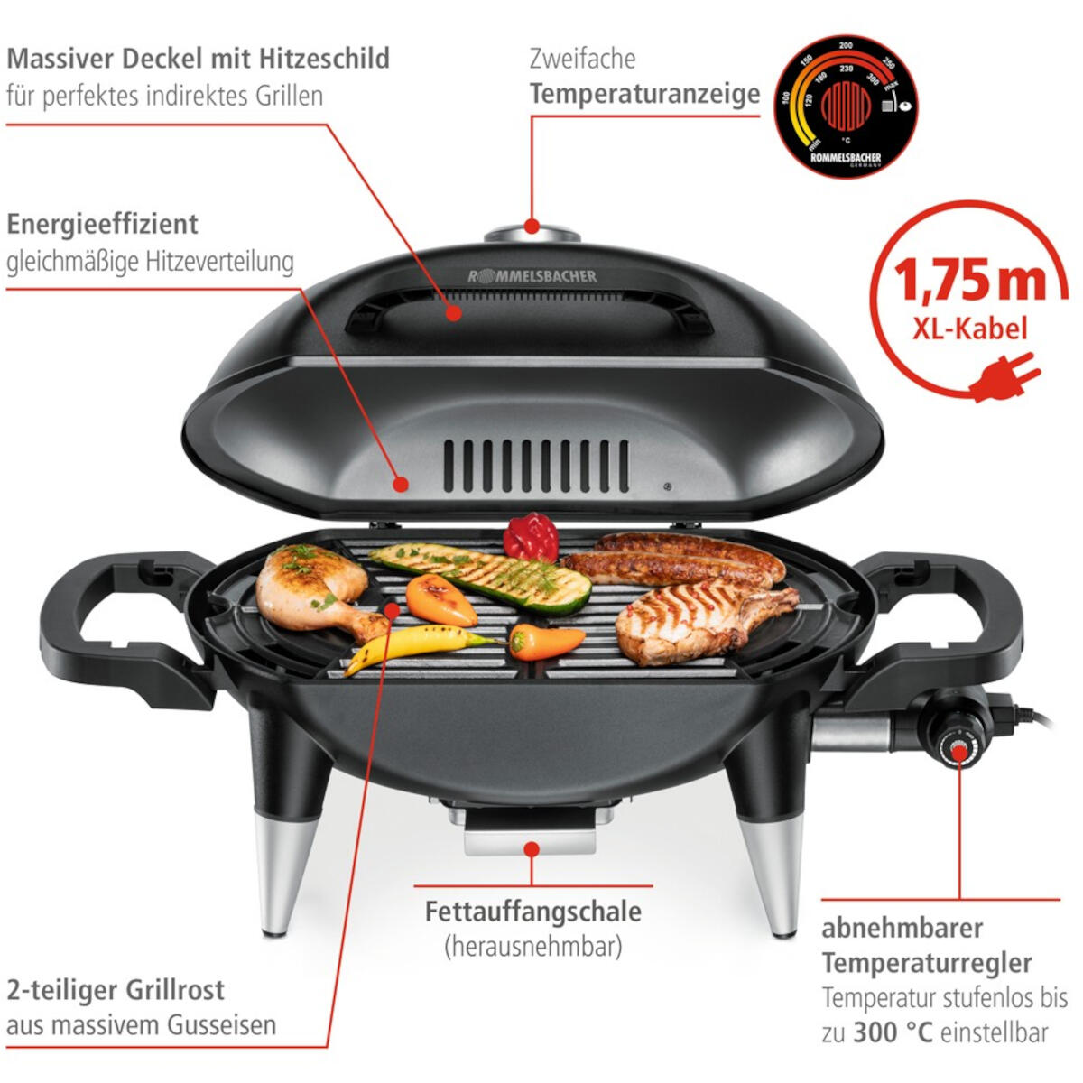 An open grill with food. It has a black lid and a temperature gauge. Various grilled foods are visible on the grill.