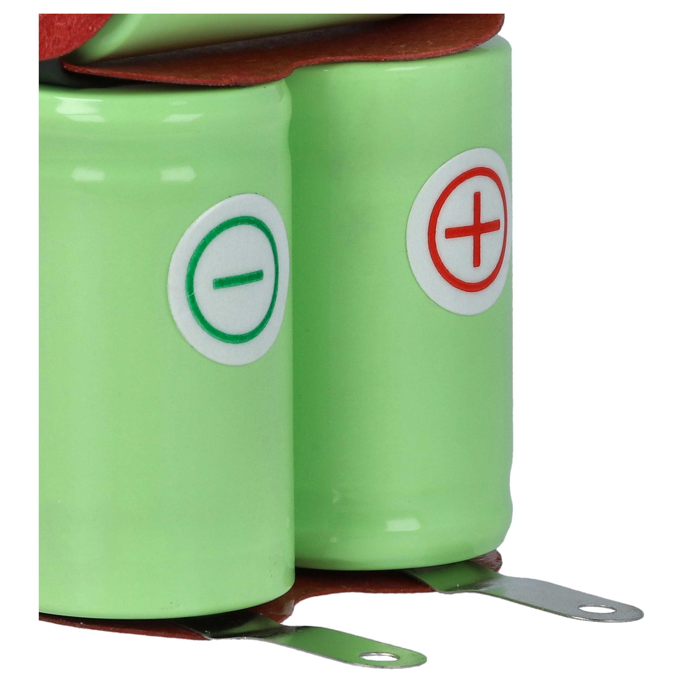 Zwei grüne zylindrische Batterien mit +/- Symbolen. Rote und braune Schichten liegen über den Batterien. Metalllaschen verlängern sich.