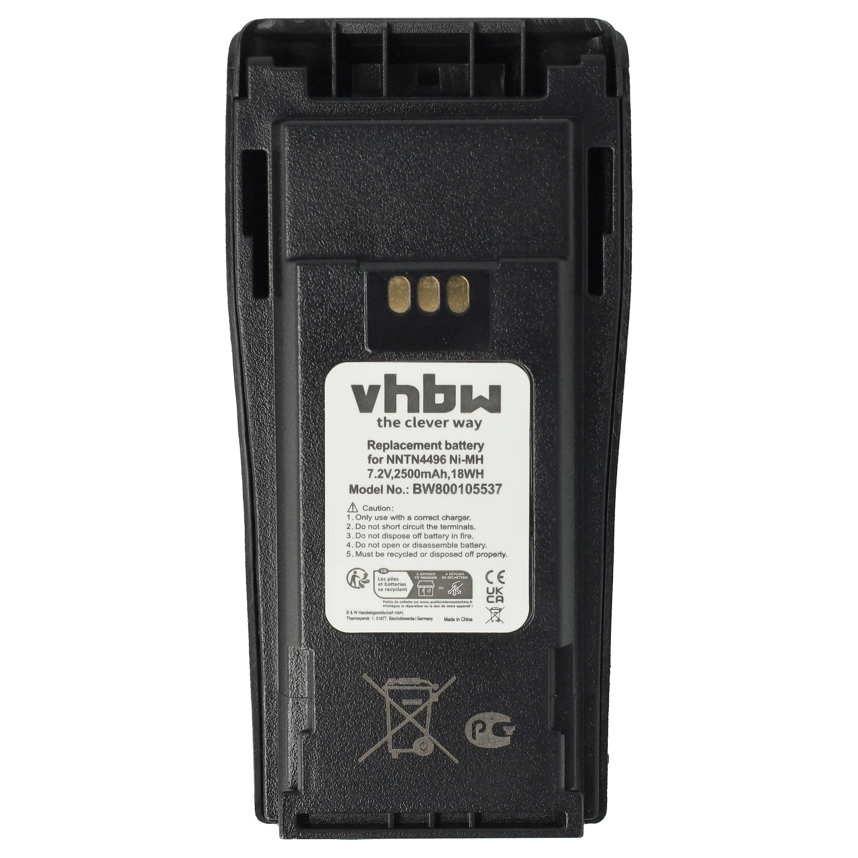 Schwarzer Akku mit Text. Er sagt 'vhbw' und 'Ersatzbatterie'. Es gibt Recycling-Symbole und Warnhinweise.