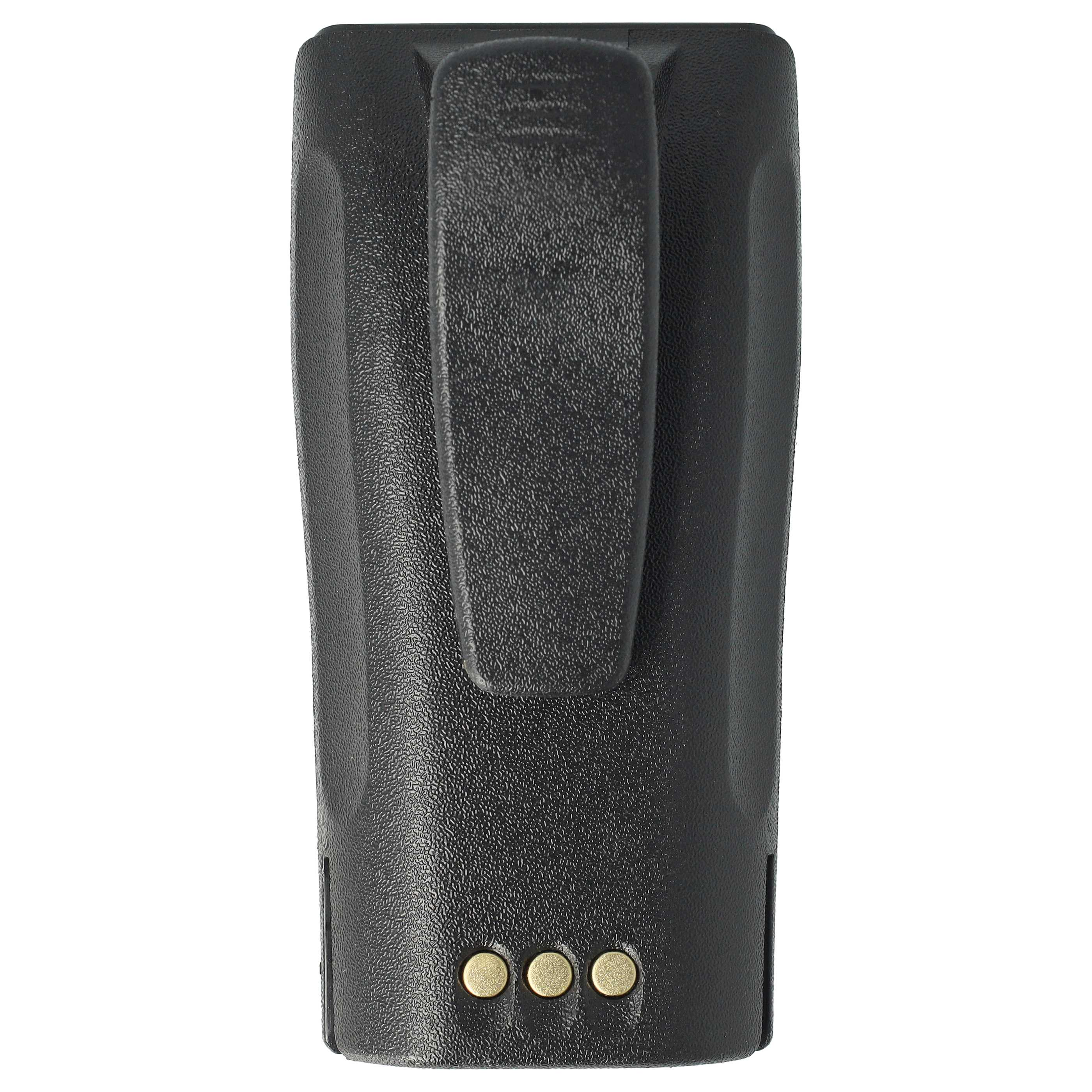 Ein schwarzes Gerät mit einem Gürtelclip oben und drei goldfarbenen Kontaktpunkten unten.