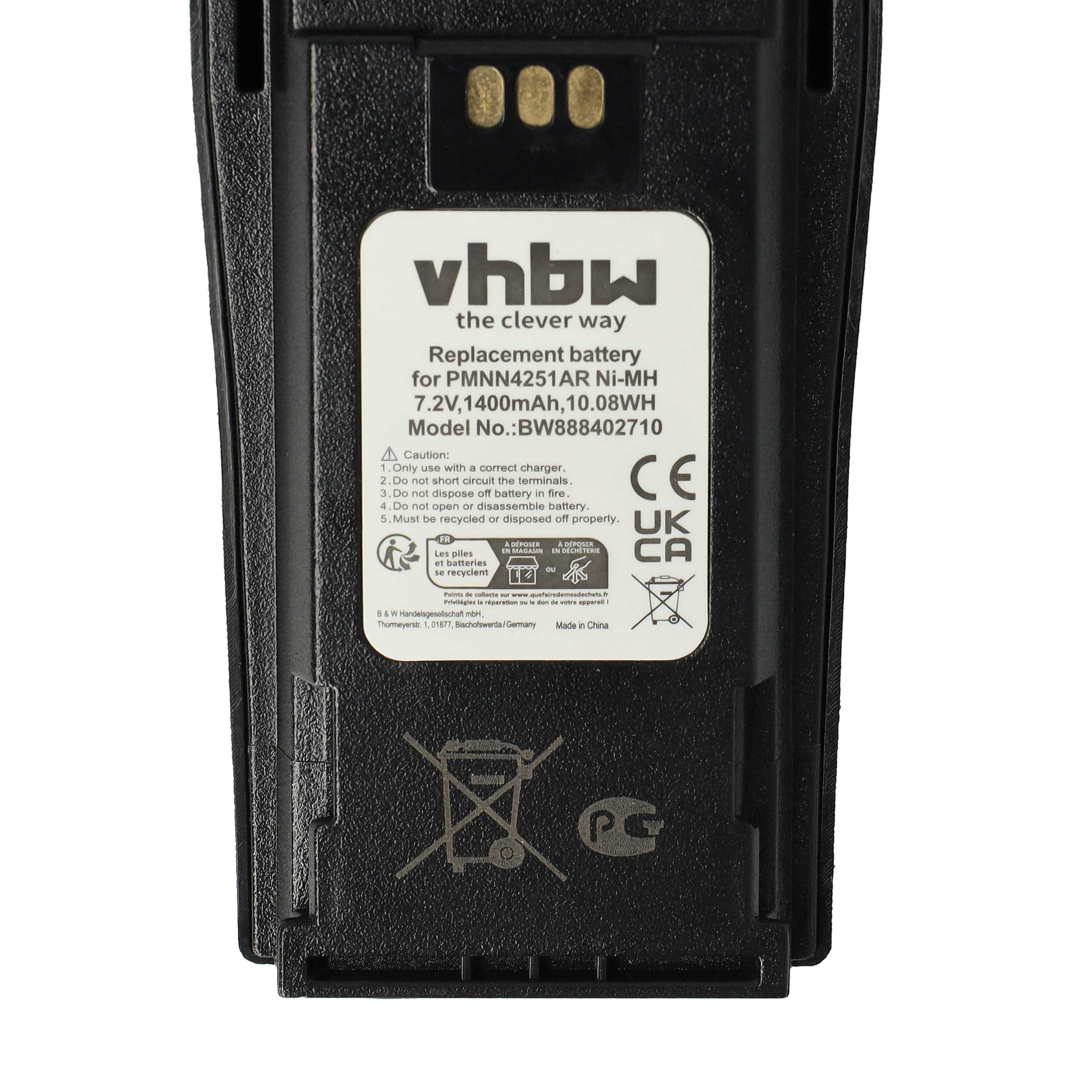 Schwarzer Akku mit weißem Etikett. Text: vhbw, Ersatzbatterie, 7,2V, 1400mAh. Warnhinweise und Recycling-Symbole.