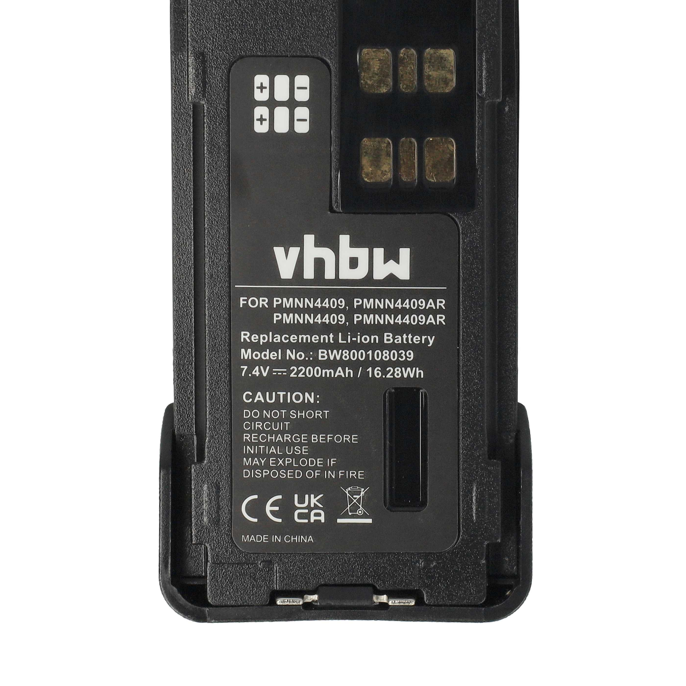 Ein schwarzer Akku mit weißem Text und Symbolen. Details: 'vhbw', 'Li-ion Battery' und Warnhinweise.