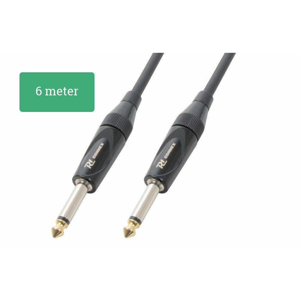 Dos cables de audio negros con puntas plateadas. La etiqueta '6 metros' está en un rectángulo verde en el fondo. La marca es 'RD Connex'.