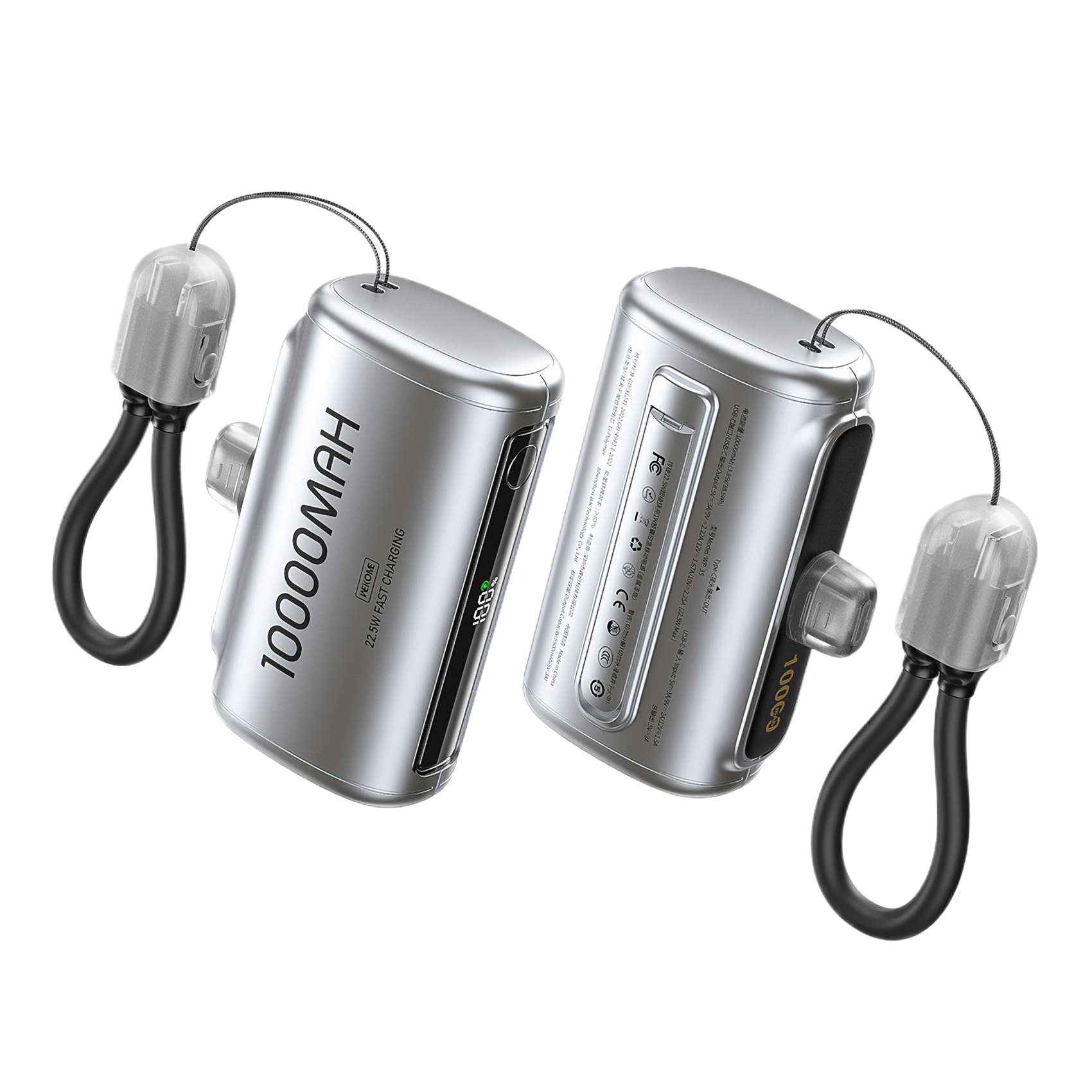 Zwei silberne Powerbanks mit schwarzen Riemen. Eine zeigt 10000mAh, die andere 10000. Jede hat eine klare Endkappe.