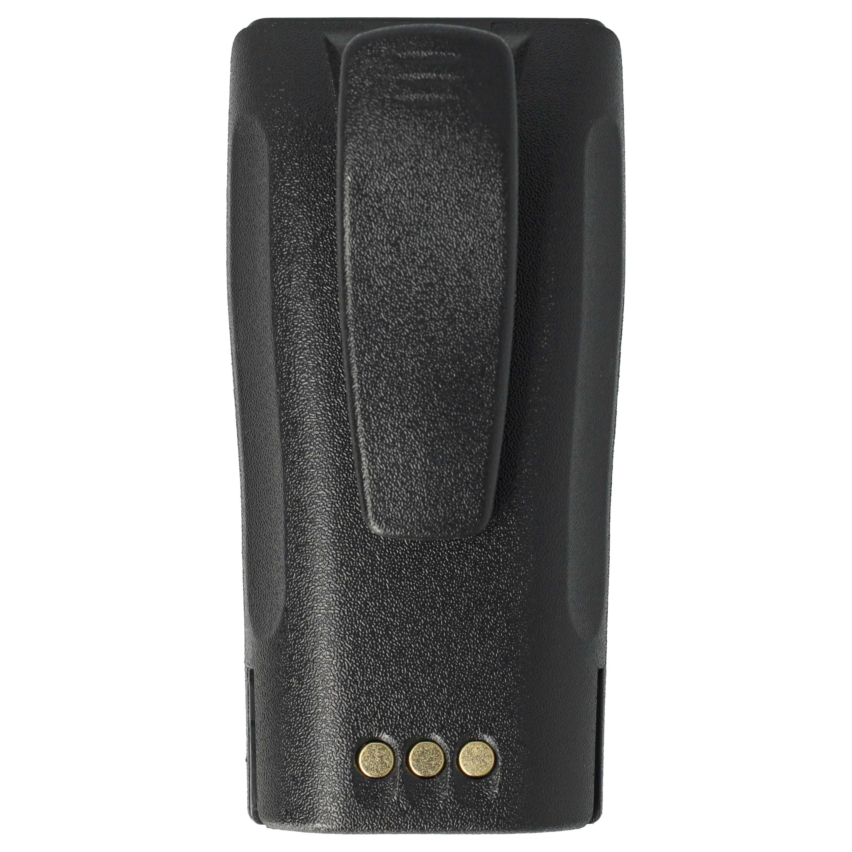Ein schwarzes Walkie-Talkie-Akkupack mit Gürtelclip. Die Unterseite hat drei goldfarbene Kontaktpunkte.