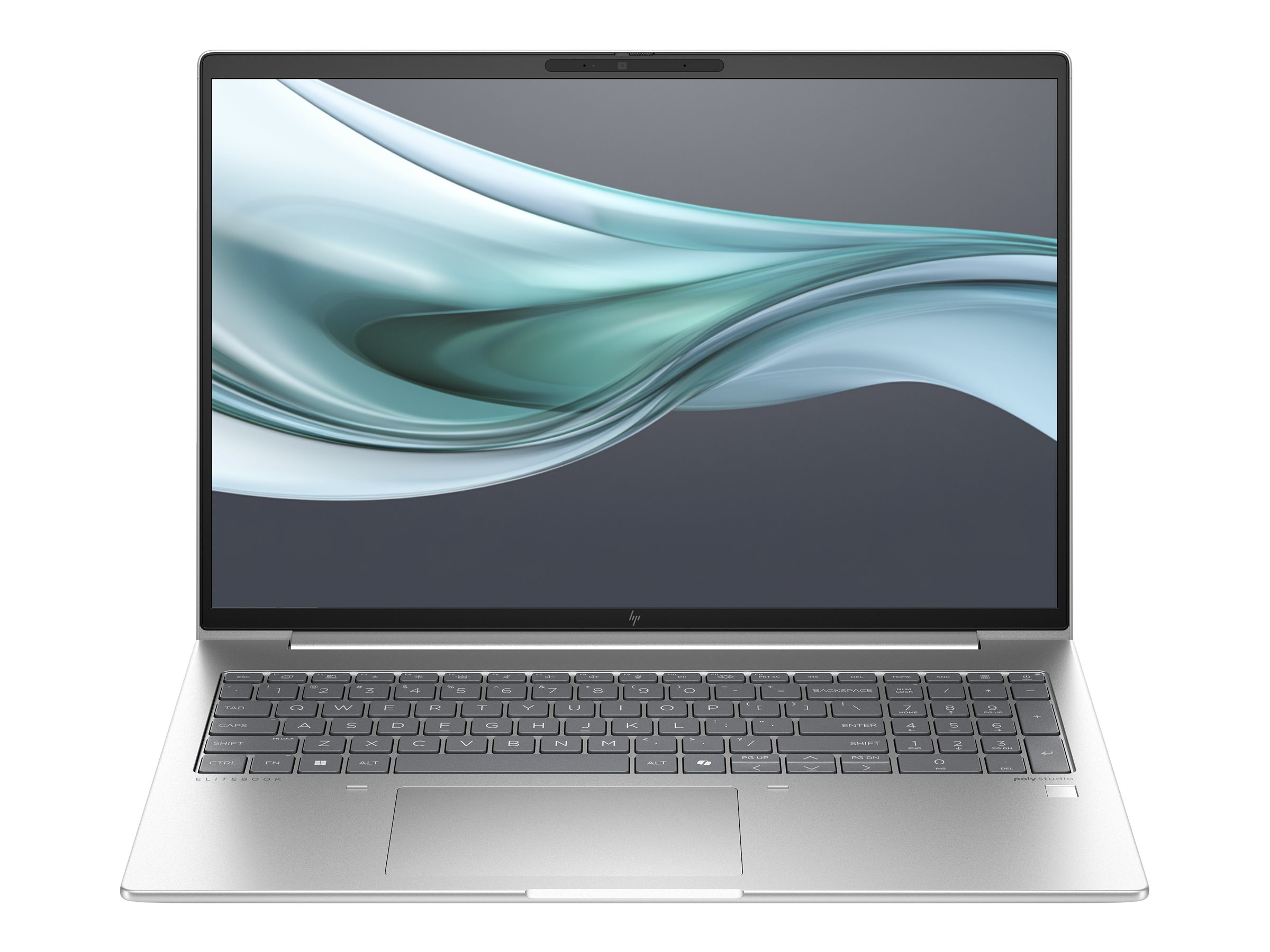 Zilveren laptop op wit. Scherm toont een golvend ontwerp. Toetsenbord zichtbaar. HP-logo bovenaan.