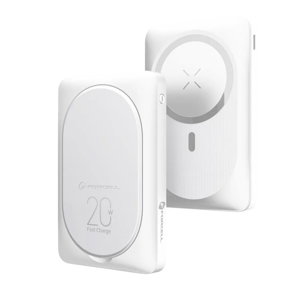 Zwei weiße Powerbanks werden gezeigt. Eine hat ein abgerundetes Rechteck, die andere einen kreisförmigen Ladebereich mit einem X. Beide haben das Forcell-Logo.