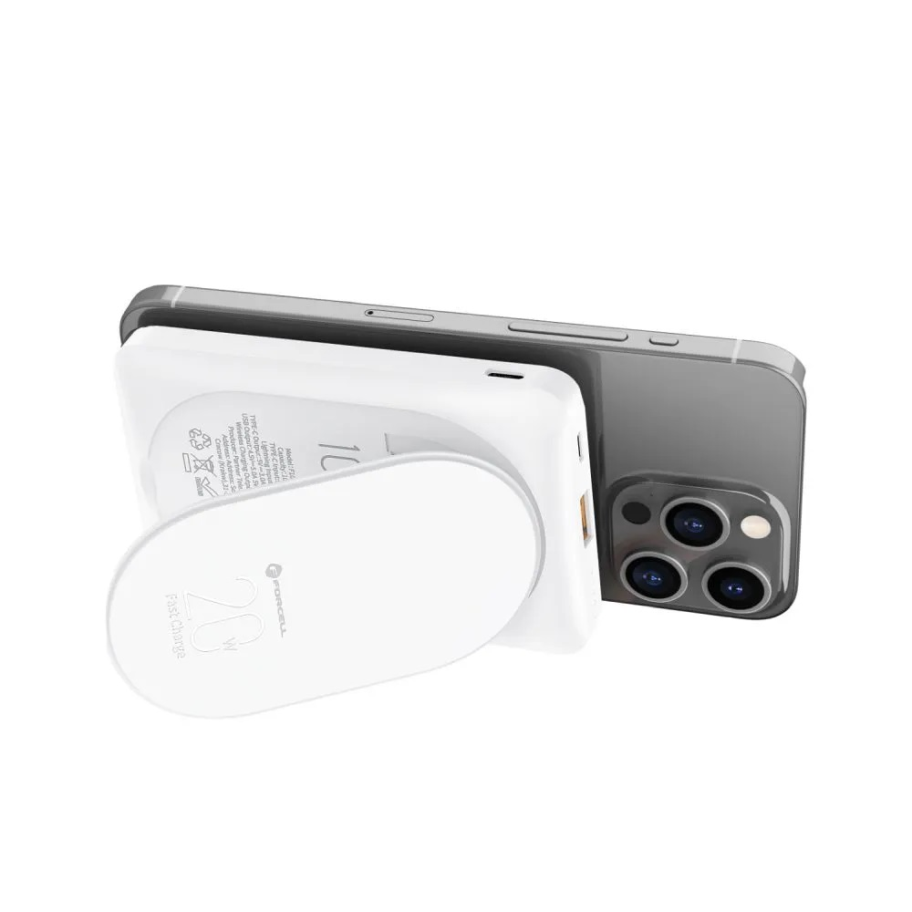Eine weiße Powerbank mit einem Telefon. Die Powerbank hat ein 20W Fast Charge Etikett. Das Telefon ist grau.
