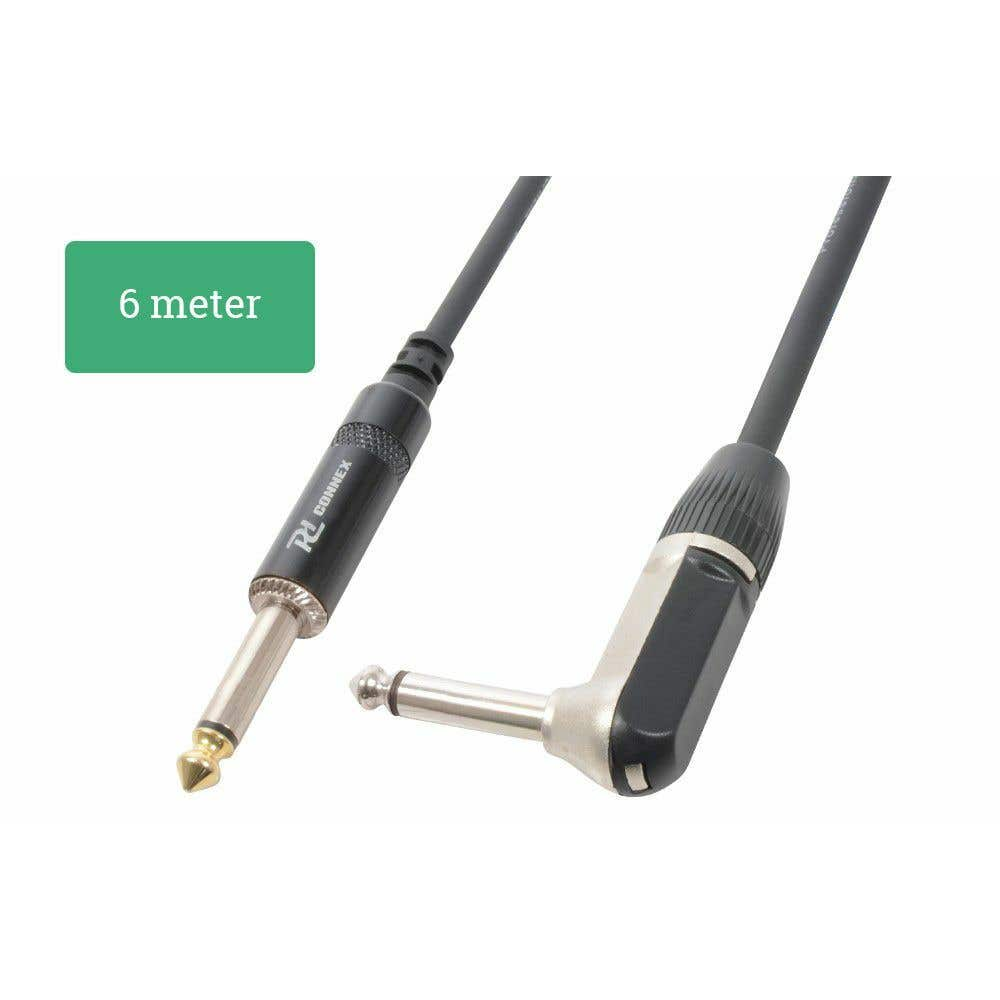 Un cable de guitarra negro, marcado 'RL Connex', con dos conectores. Uno recto, otro en ángulo. Una caja verde dice '6 metros'.