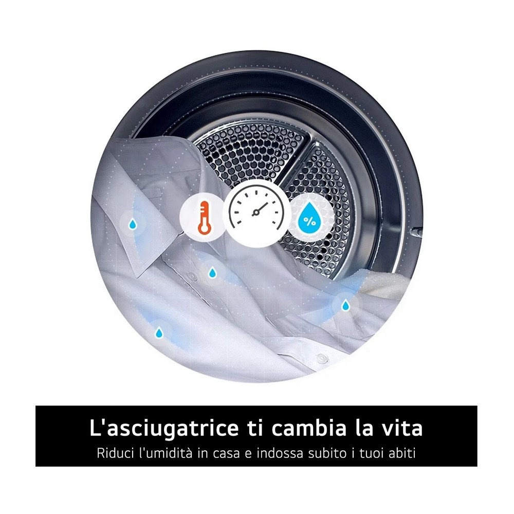 Un'asciugatrice con una camicia dentro. Sono visibili simboli di temperatura, umidità e gocce d'acqua. Il testo recita: L'asciugatrice cambia la tua vita.