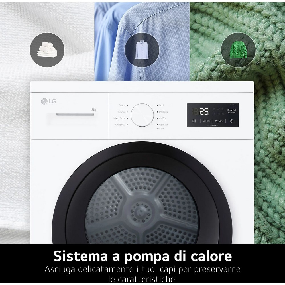 Un'asciugatrice LG bianca con porta nera, con icone di vestiti e display digitale. Il testo dice 'Sistema a pompa di calore'.