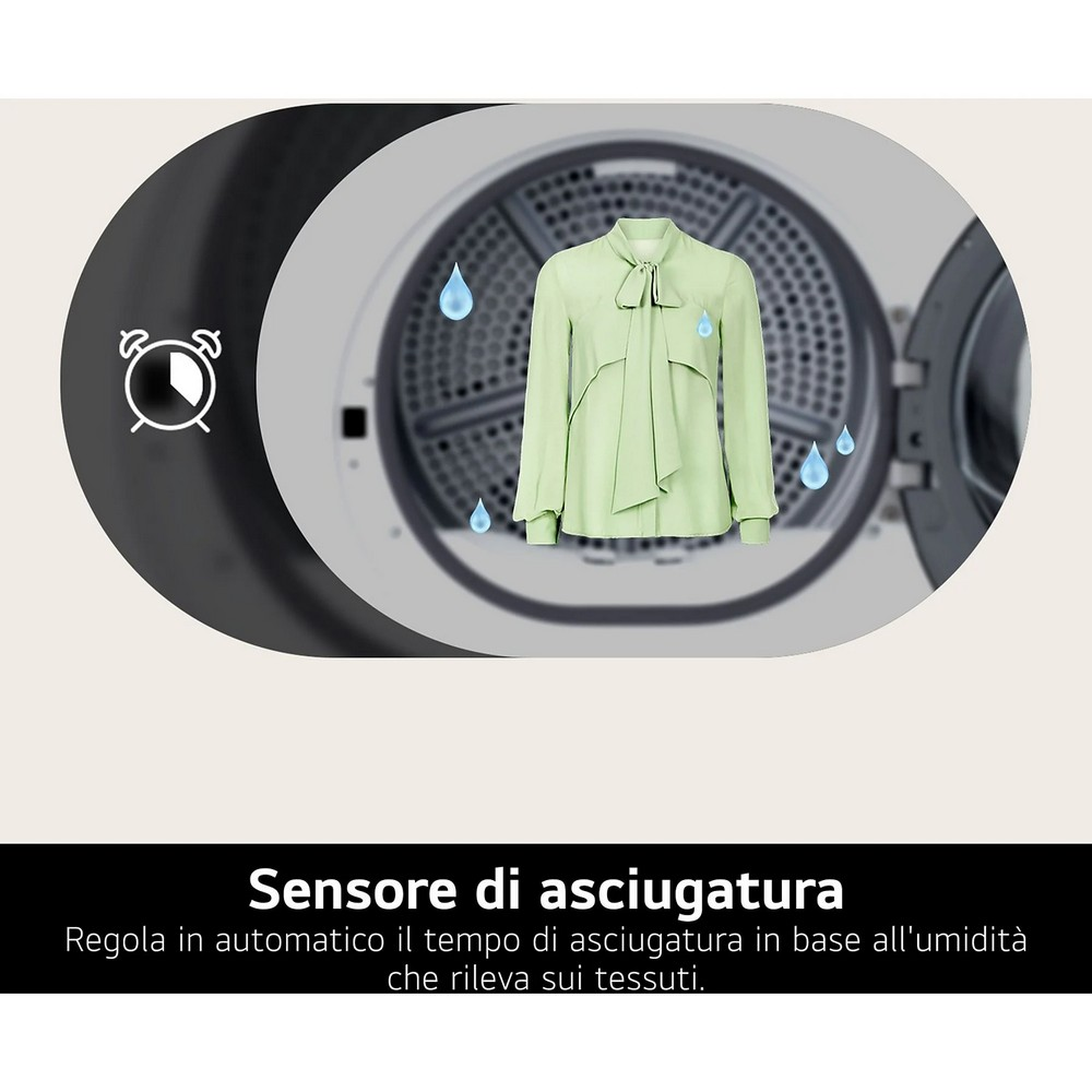Una camicetta verde all'interno di un'asciugatrice con goccioline d'acqua. Un'icona di sveglia è a sinistra. Il testo dice sensore di asciugatura.
