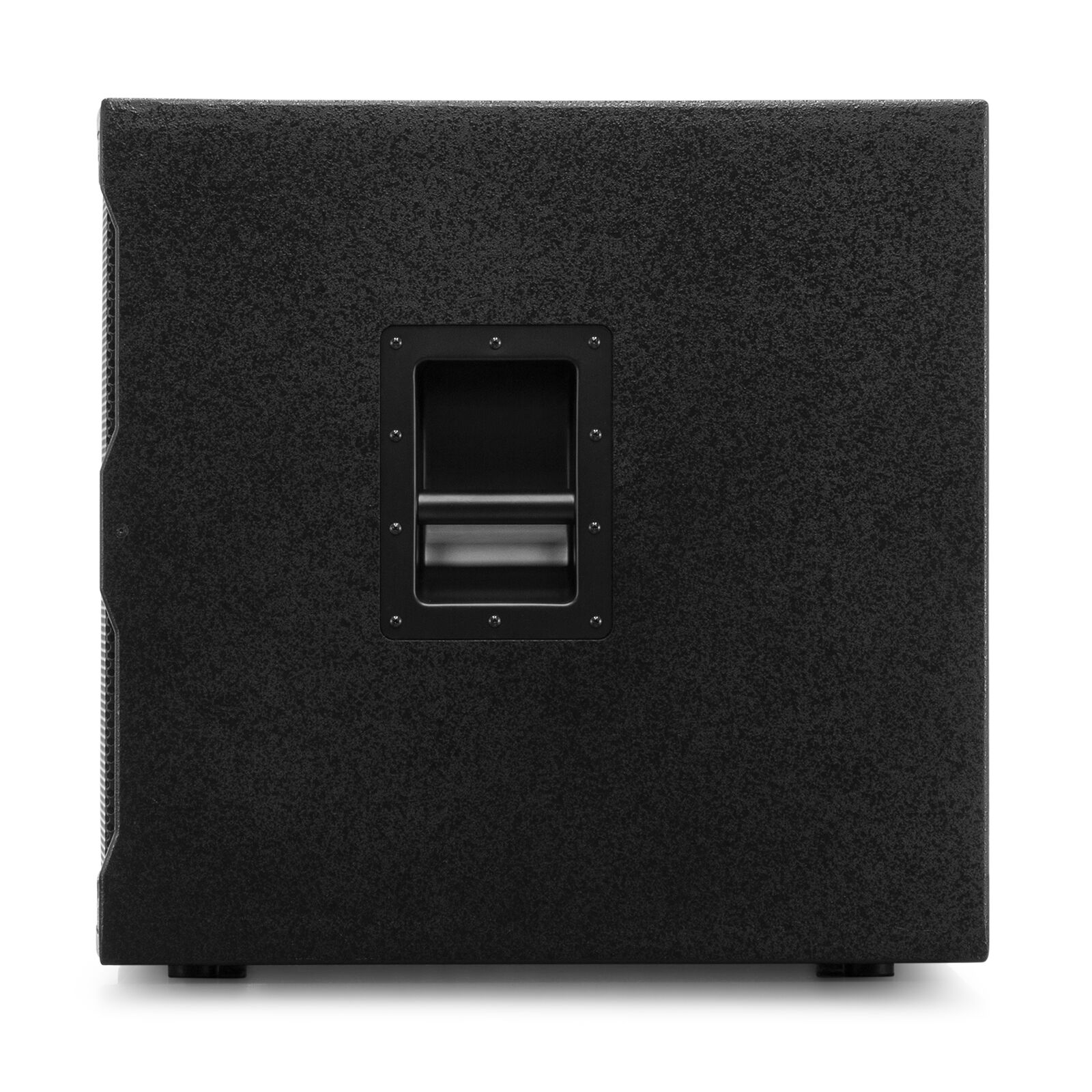 Un gran altavoz negro con asa. La superficie es texturizada. Está aislado sobre un fondo blanco.