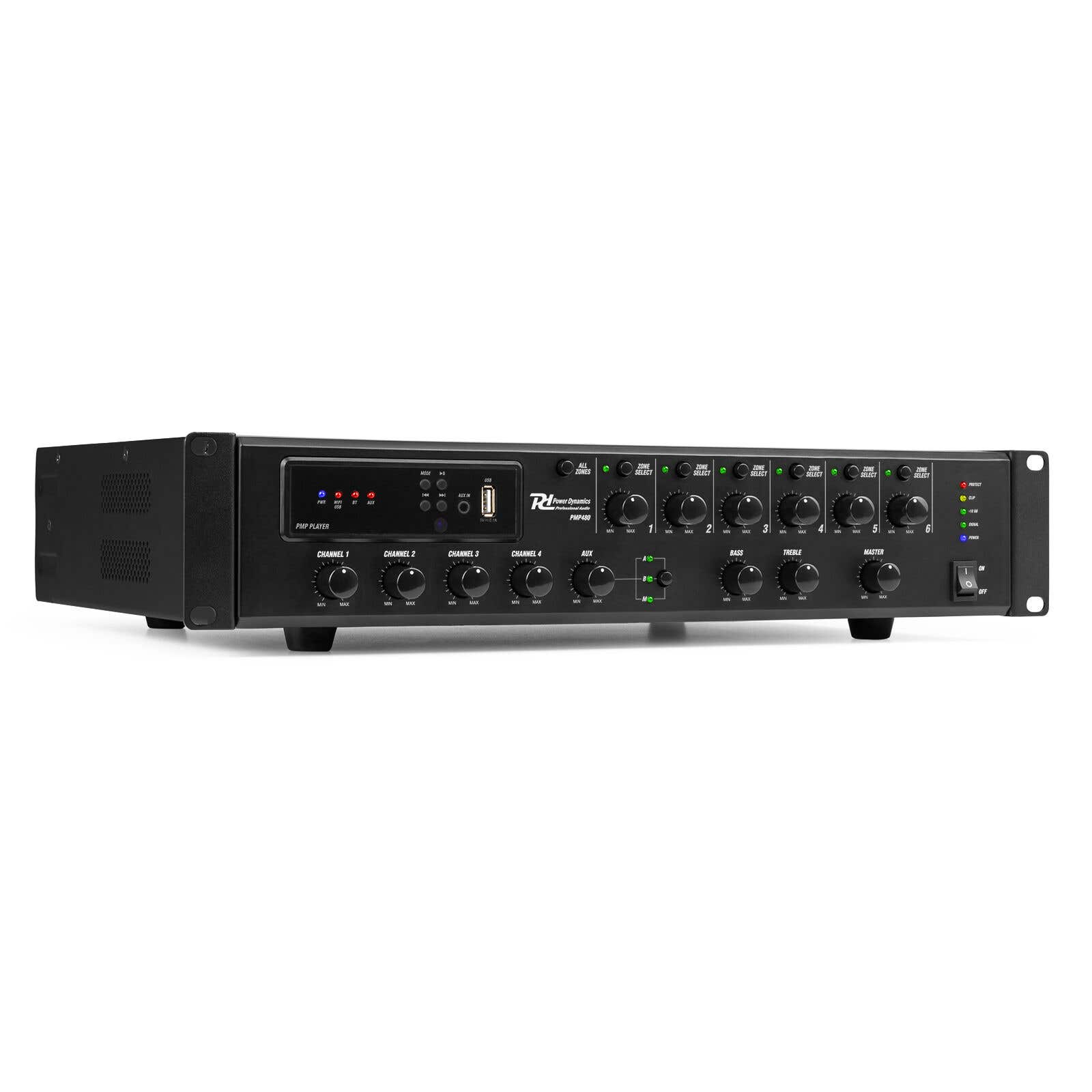 Amplificador de audio negro con varias perillas, botones y un puerto USB. Tiene controles de canal y un interruptor de encendido.