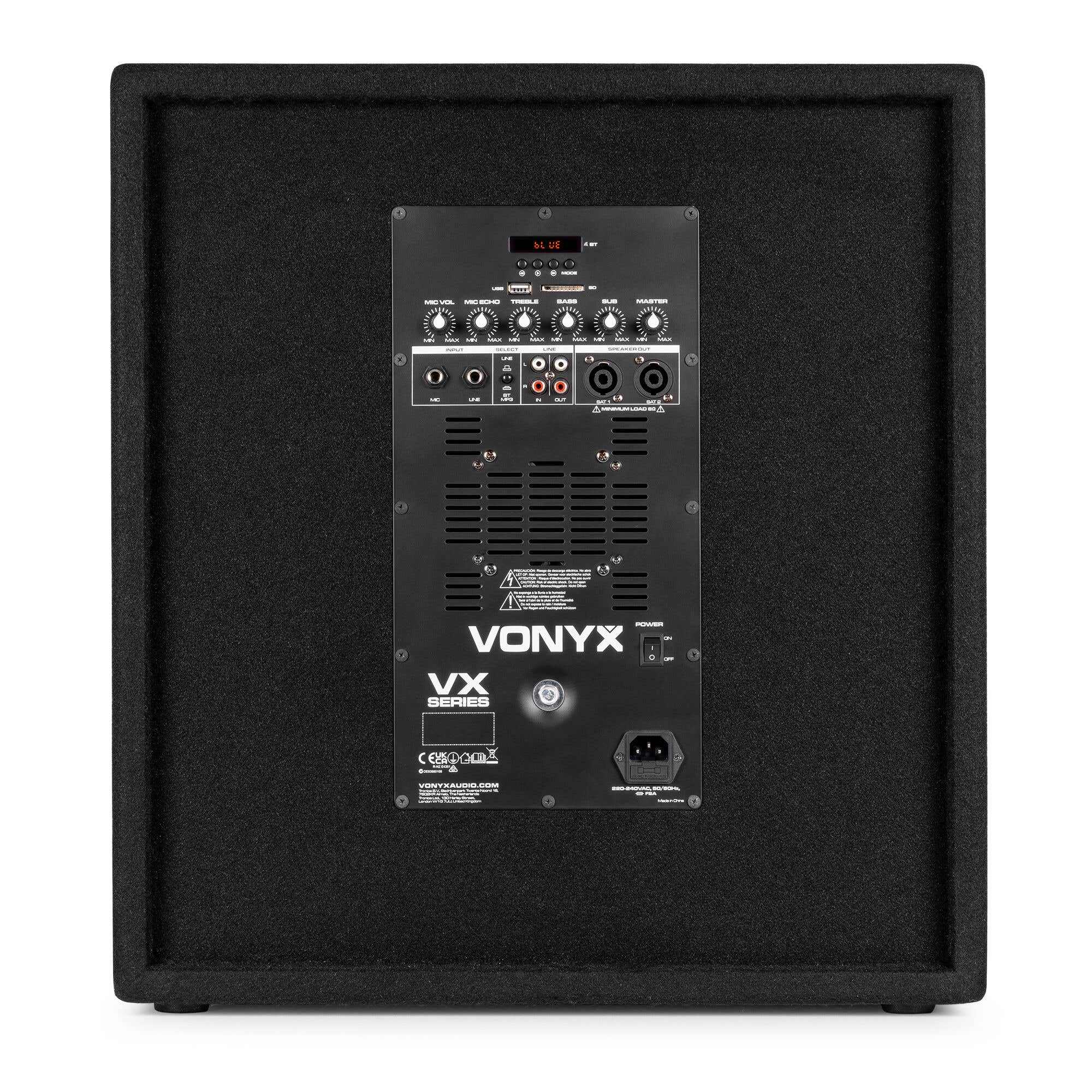 Subwoofer de audio negro con panel de control, perillas y puertos. La marca Vonyx es visible.