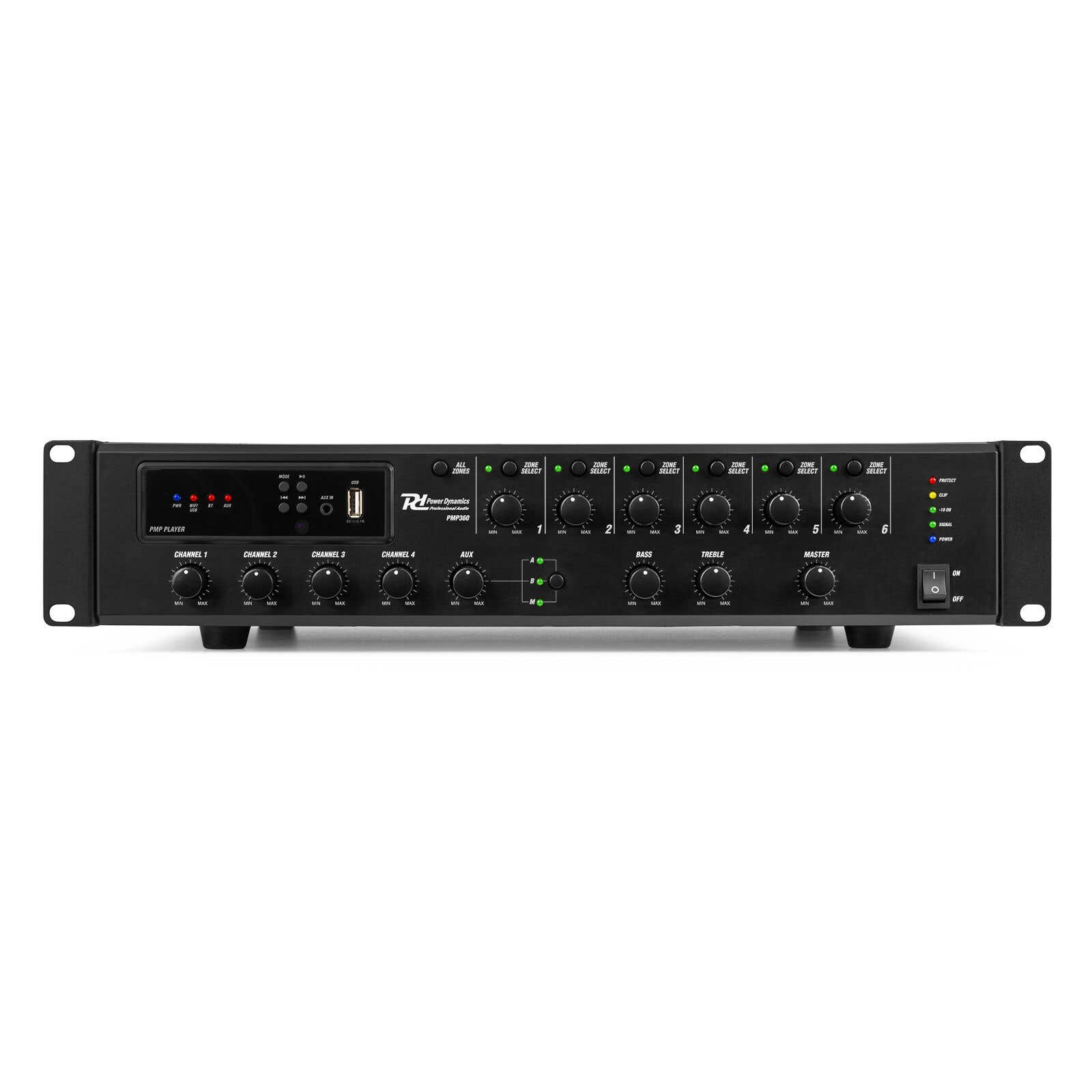 Mezclador de audio negro con perillas y botones. Tiene múltiples canales, selección de zona e indicadores.