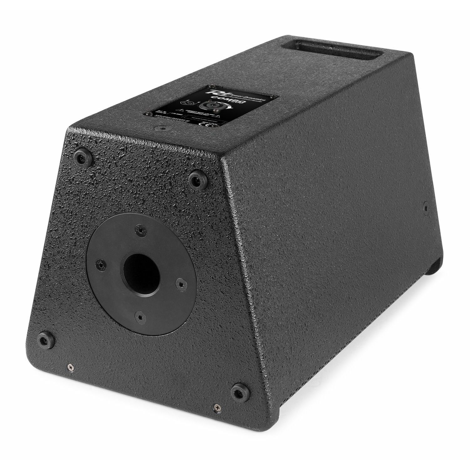 Un altavoz negro con superficie texturizada, un agujero redondo y varios tornillos. El altavoz está inclinado y tiene una parte superior rectangular.