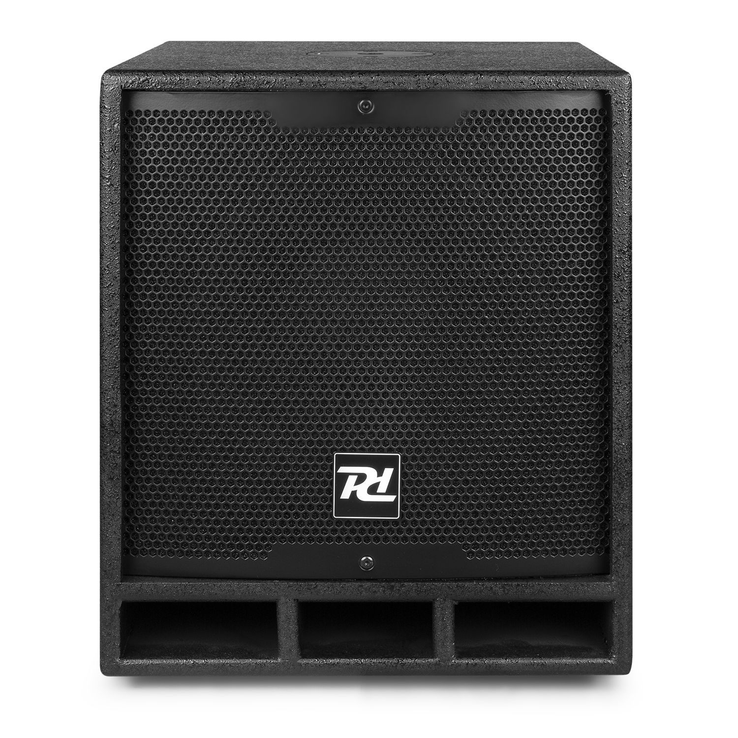 Una caja de altavoz negra con una rejilla frontal. El logotipo 'RL' es visible. Hay tres aberturas en la parte inferior. El fondo es blanco.