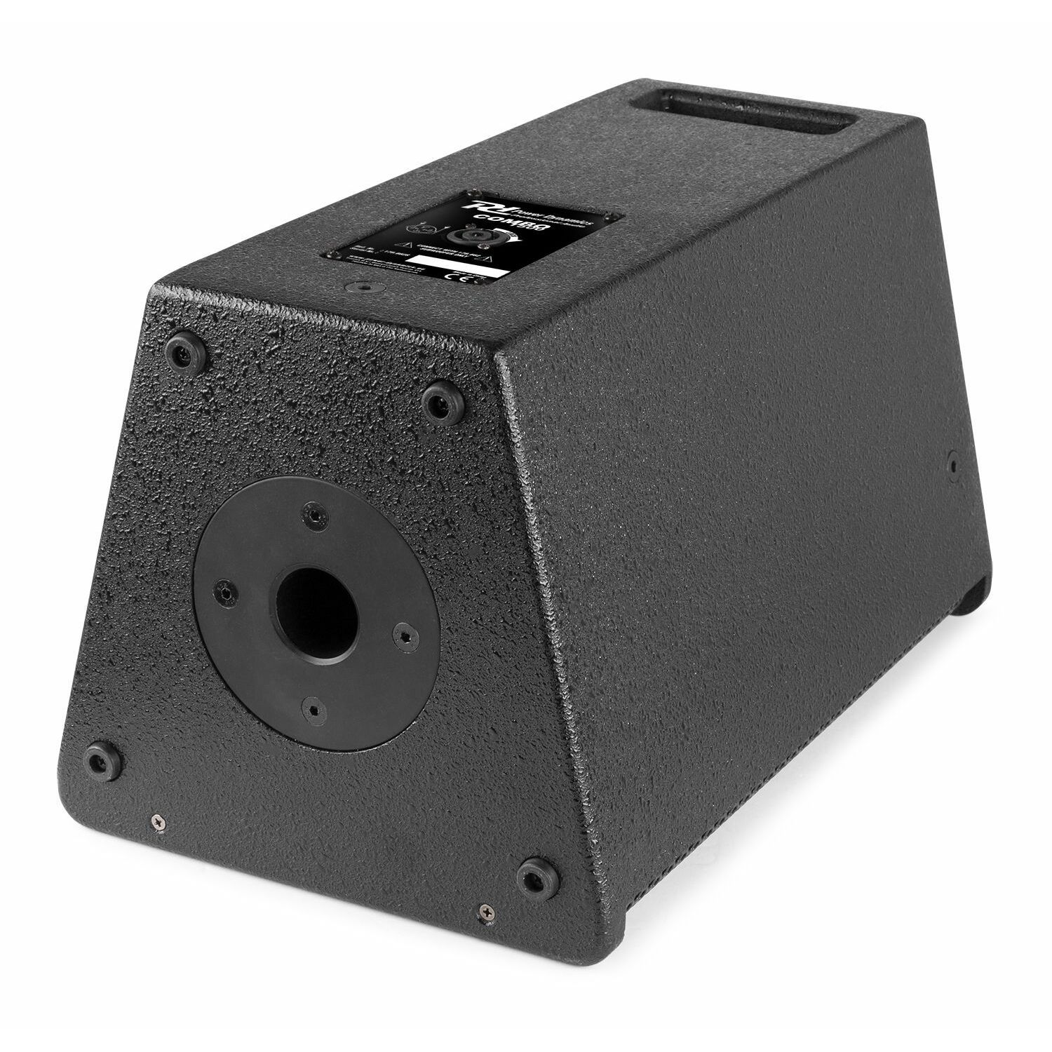 Un altavoz negro con superficie texturizada, una abertura redonda y varios tornillos. El altavoz tiene una etiqueta arriba.