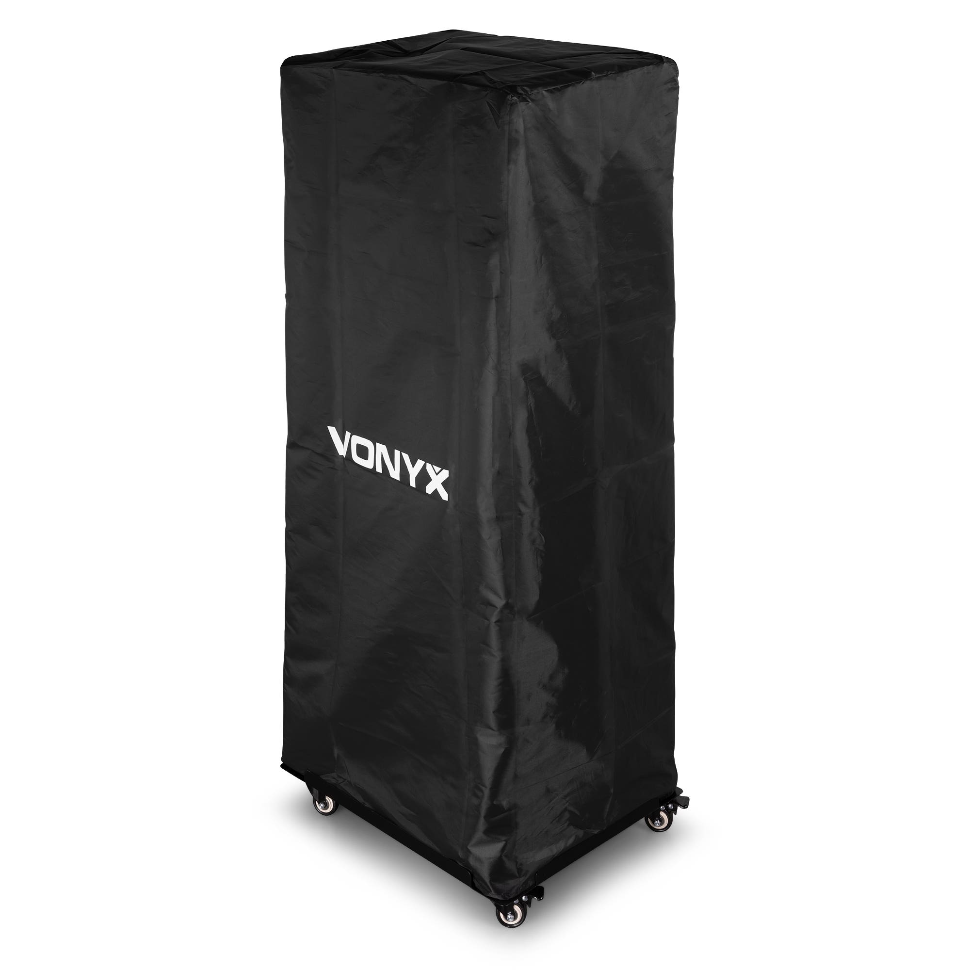 Un objeto rectangular negro cubierto con una tela negra, la palabra 'VONYX' en blanco, está sobre ruedas.