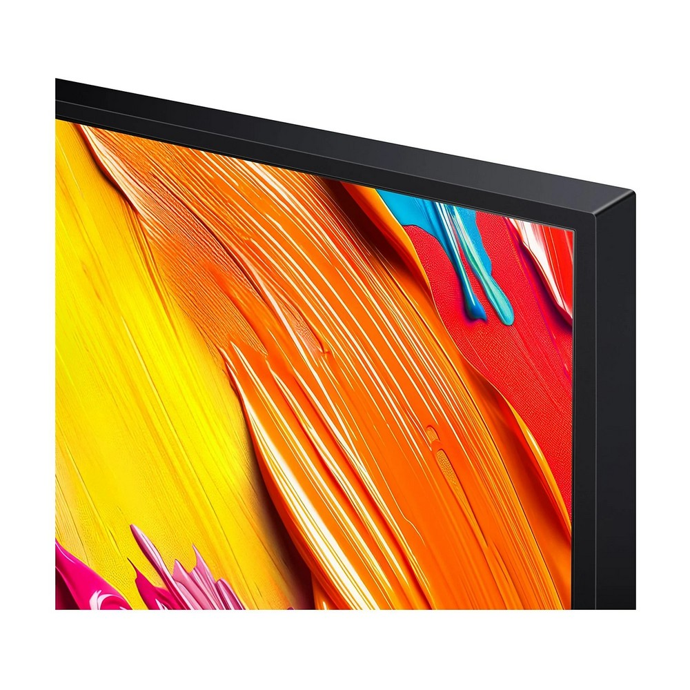 Primo piano di uno schermo TV che mostra arte astratta colorata. I colori includono giallo, arancione, rosso, rosa e blu, con cornice nera.