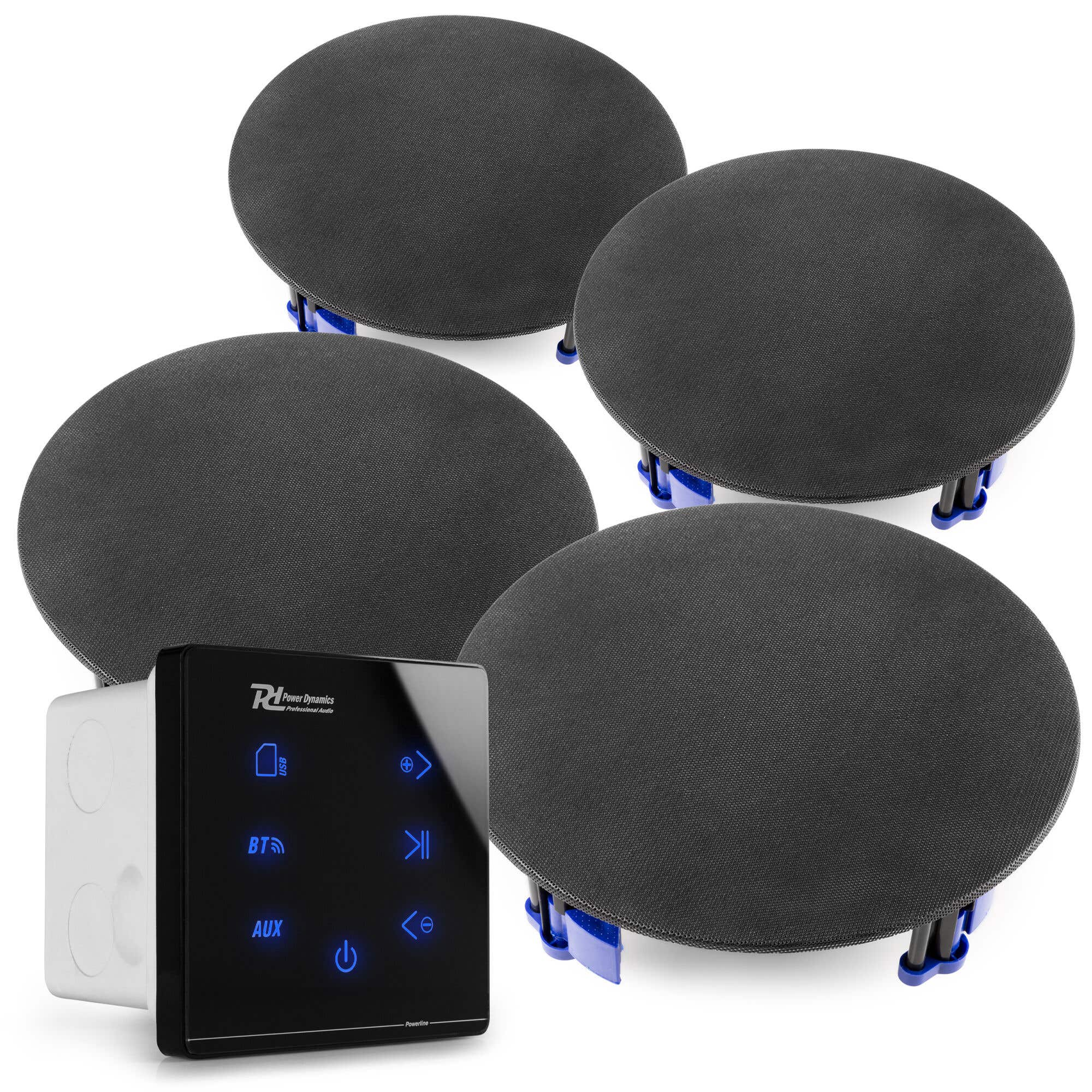 Cuatro altavoces negros y redondos con detalles azules. También hay un panel de control en blanco y negro con iconos azules.