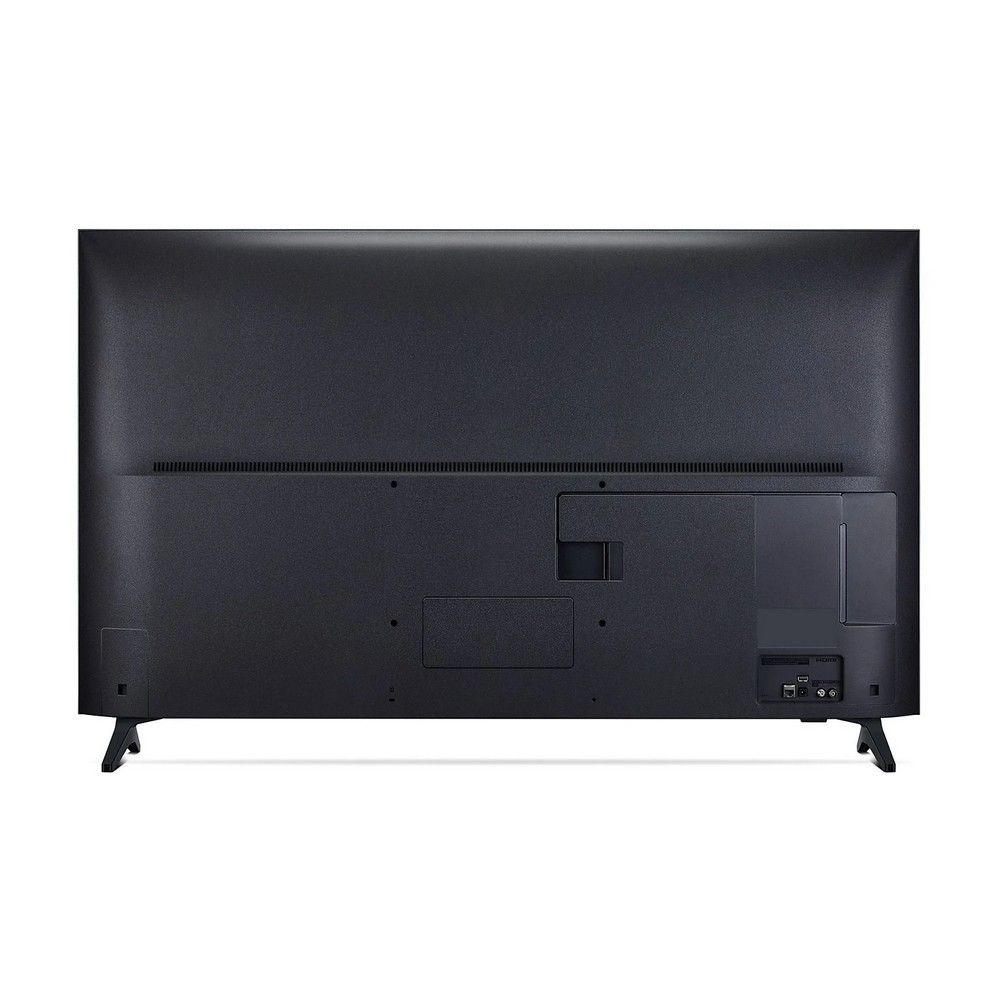 Vista posteriore di una TV nera. Ha una superficie strutturata con porte e connessioni in basso e un supporto.