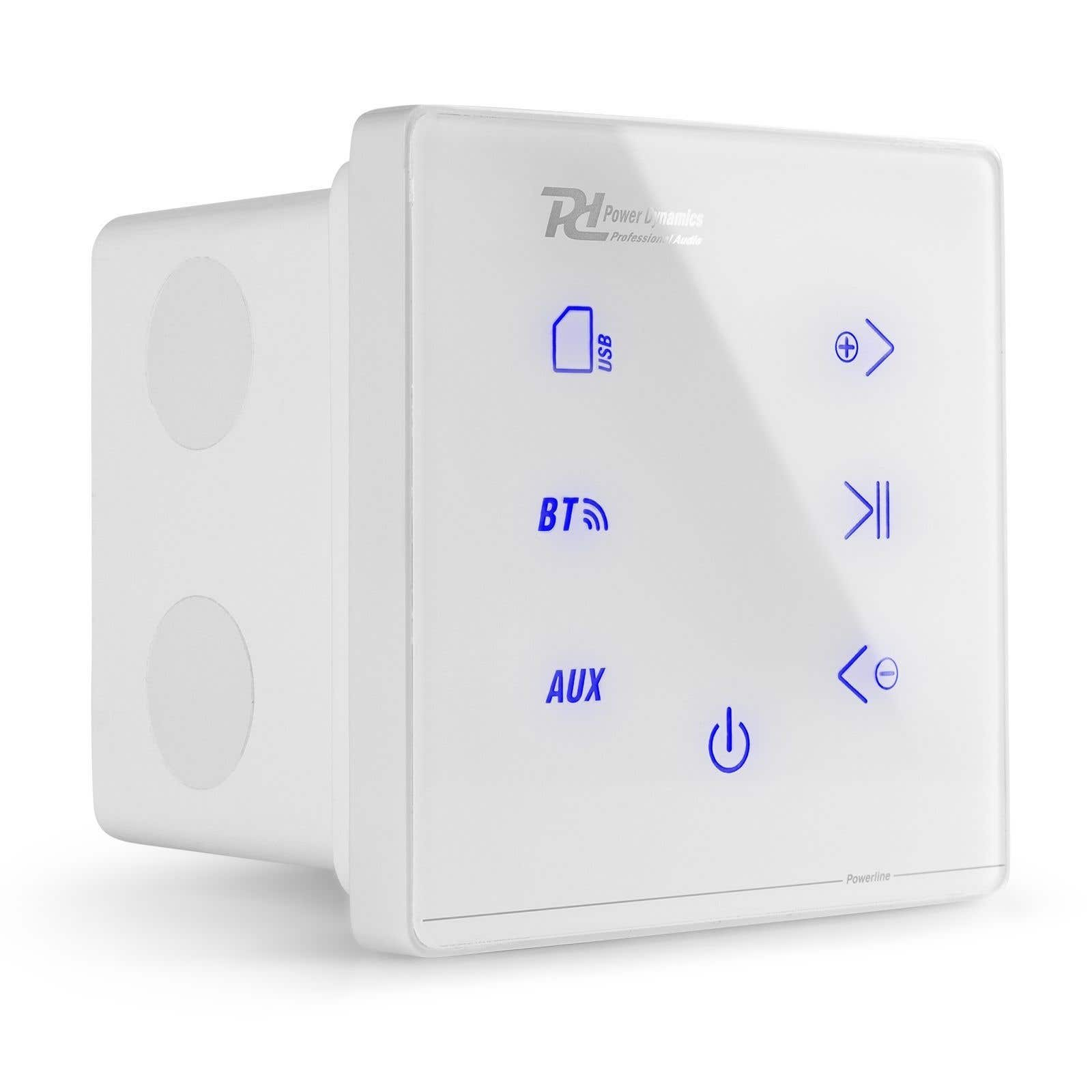 Panel de control de audio blanco con iconos azules para USB, Bluetooth, AUX y encendido, más botones de navegación.