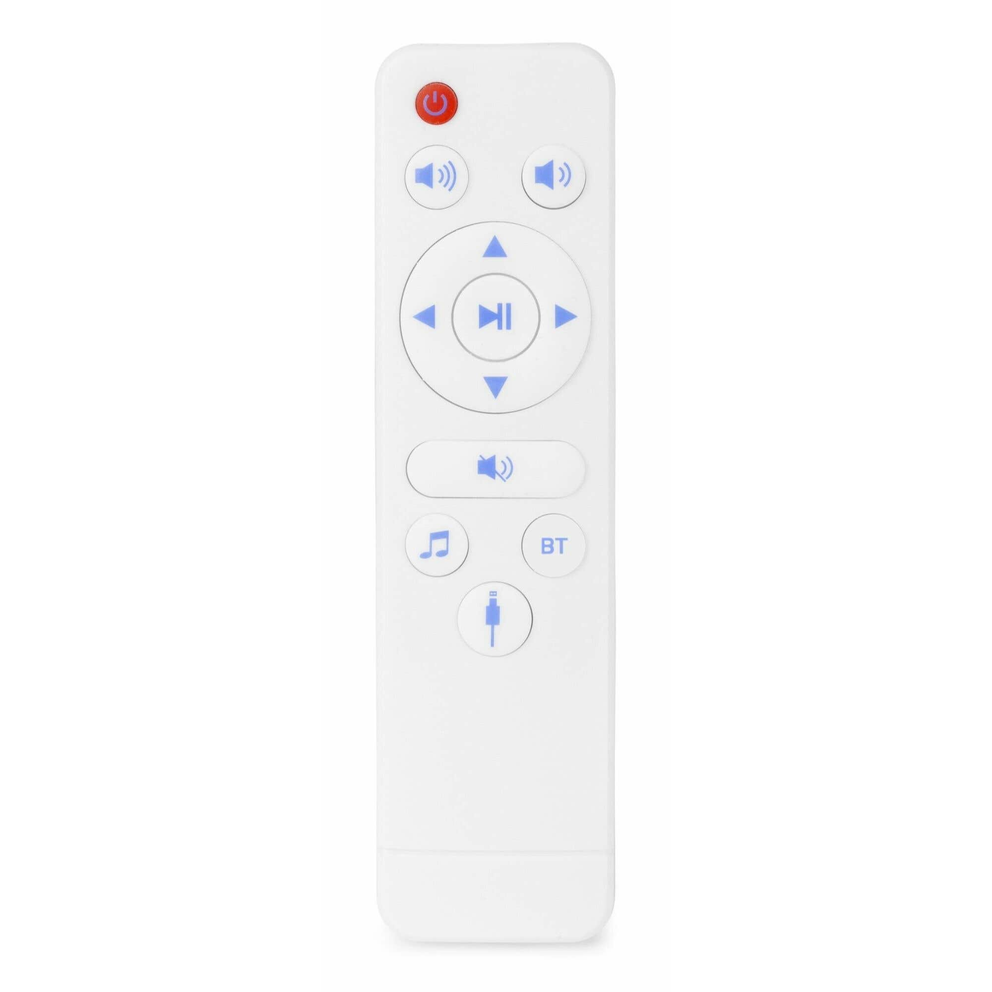 Mando a distancia blanco con botones de encendido, volumen, reproducción/pausa, música y BT. Iconos azules; icono de encendido rojo.