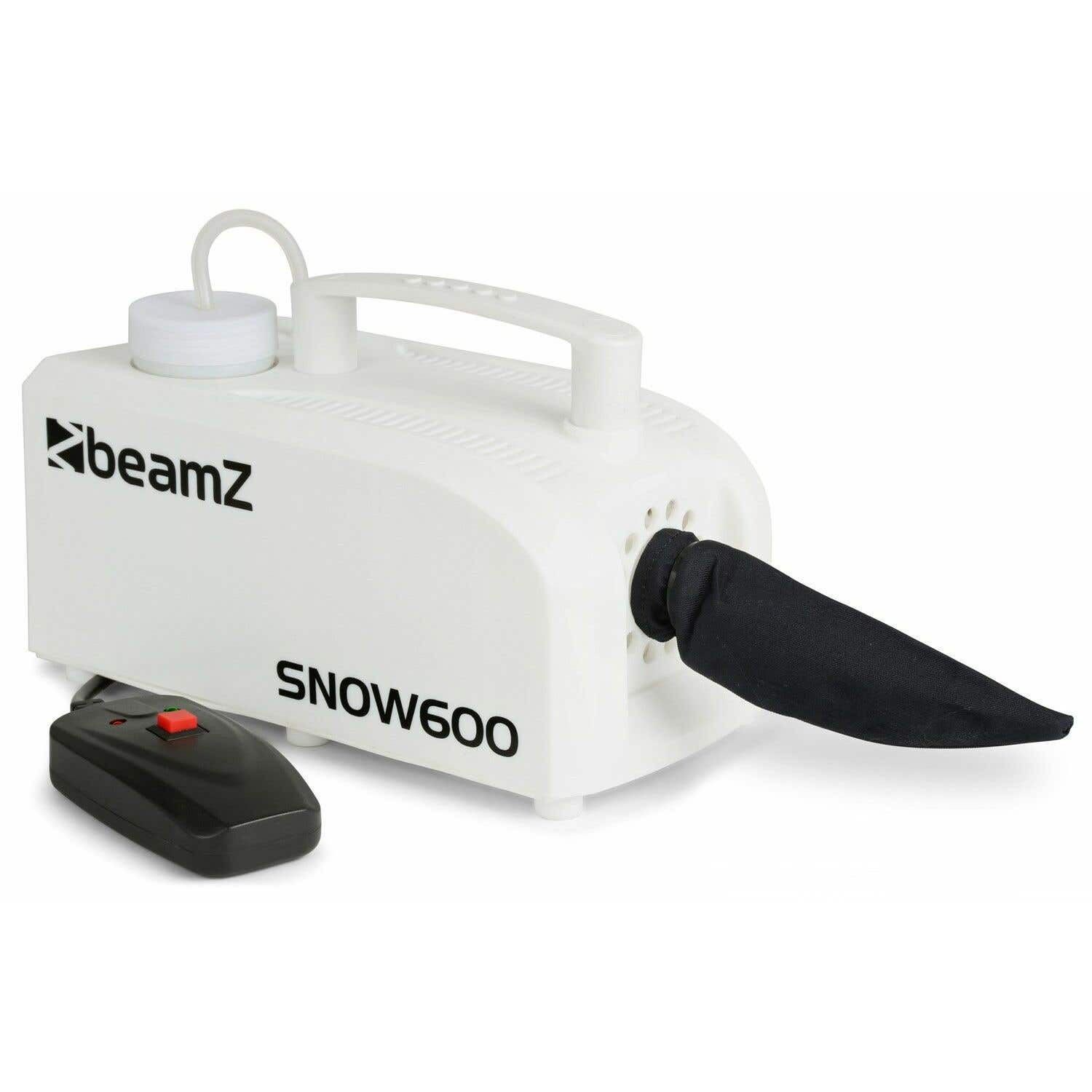 Una máquina Beamz Snow600 blanca con boquilla y mando a distancia negros. Tiene un asa y un recipiente en la parte superior. Un mando a distancia está a la izquierda.