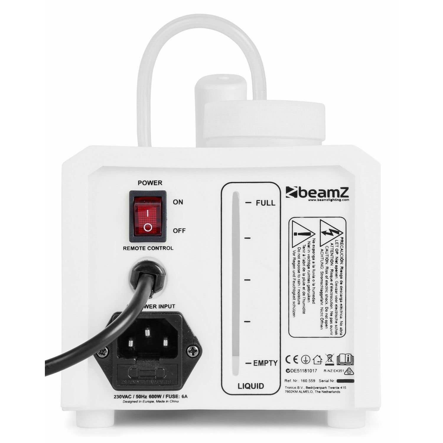 Máquina blanca con botón de encendido, indicador de nivel de líquido y logo Beamz. Entrada de energía y etiquetas de advertencia visibles.
