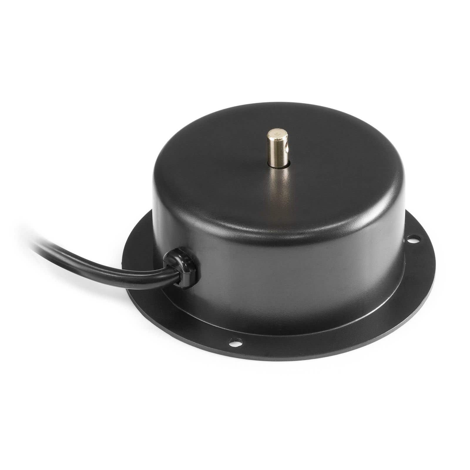Un dispositivo negro y redondo con un cable de alimentación. Tiene un poste central metálico y está sobre un fondo blanco.