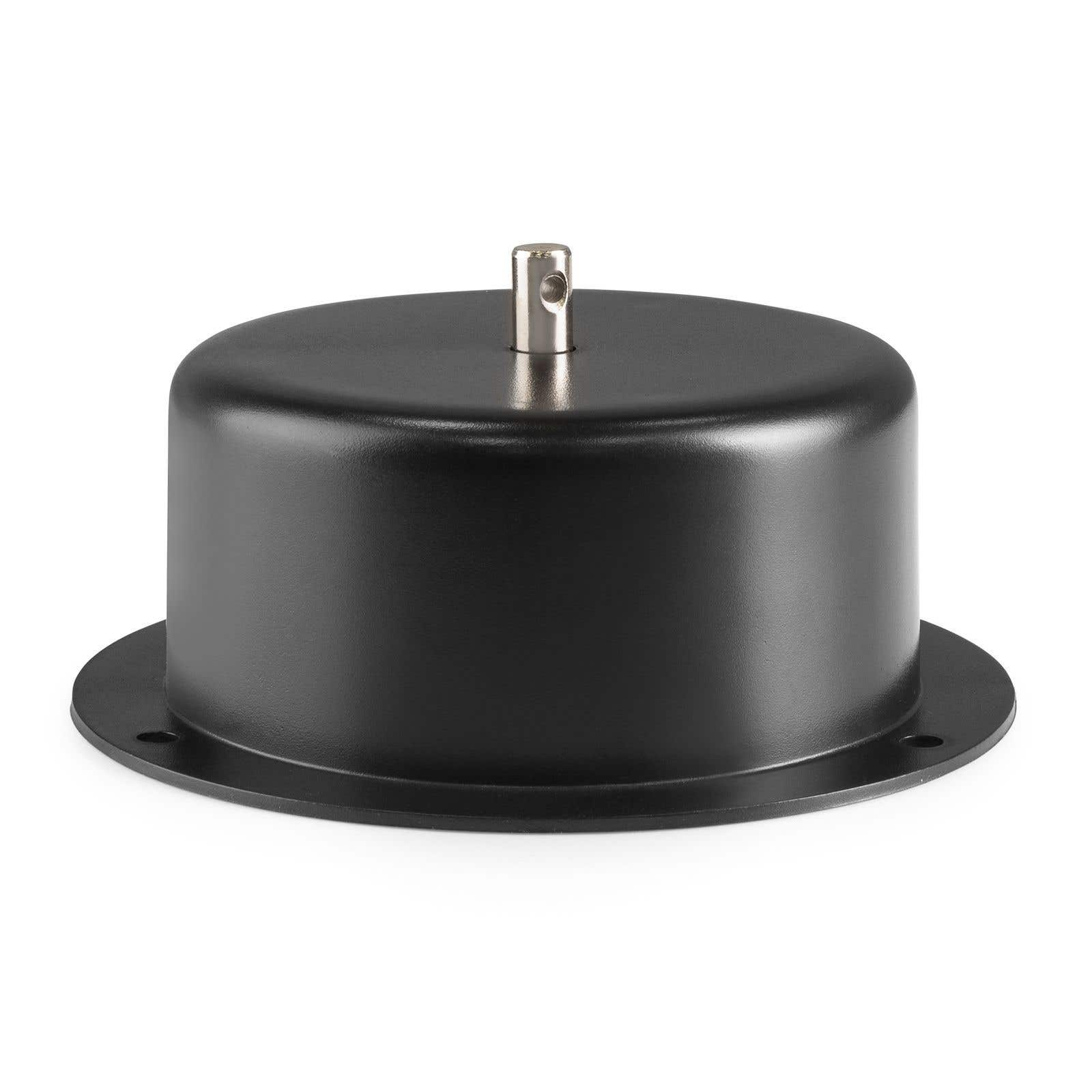Un objeto cilíndrico negro con una parte superior plateada. Tiene una base circular con agujeros.