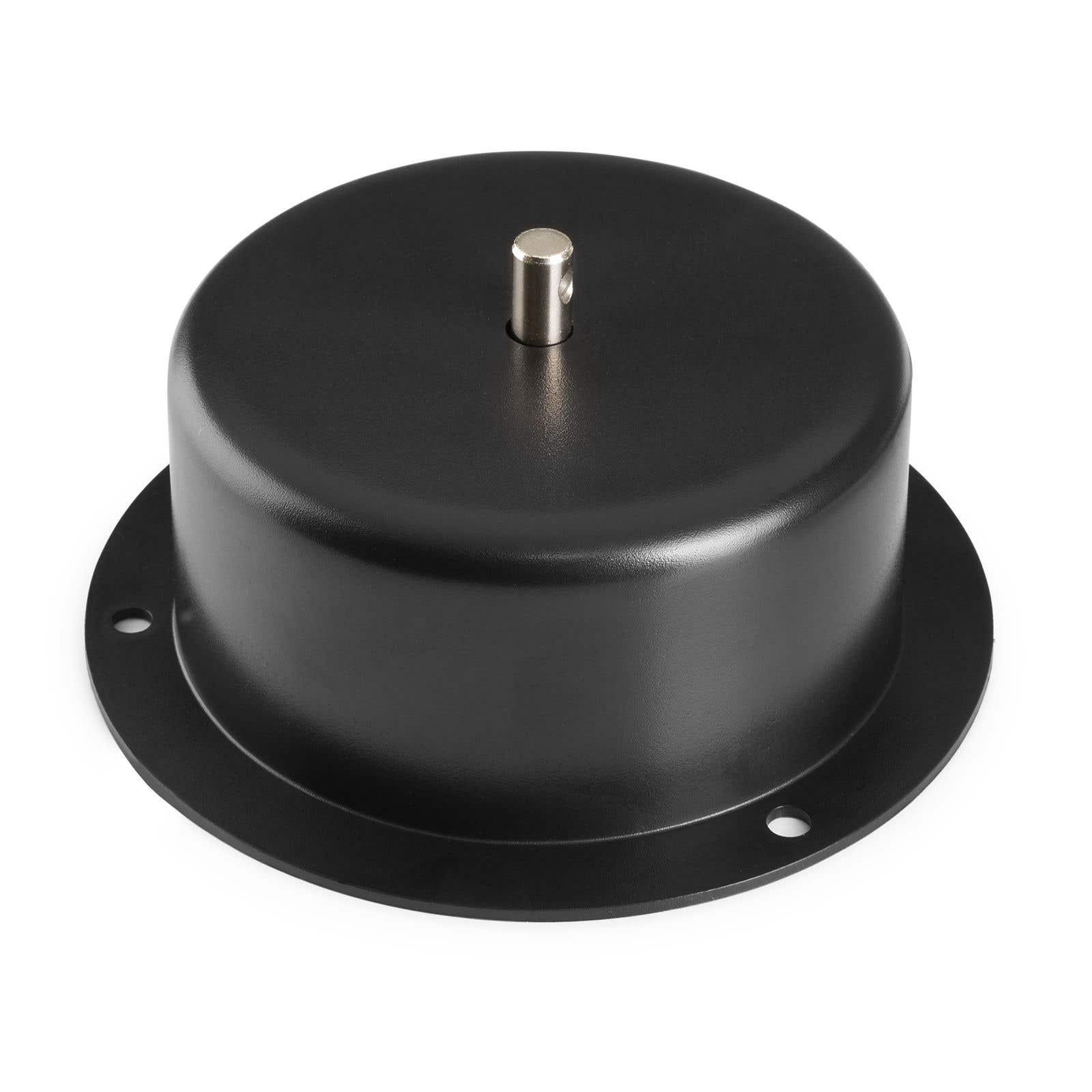 Un objeto de metal negro con forma cilíndrica, un poste central plateado y una base circular con agujeros.