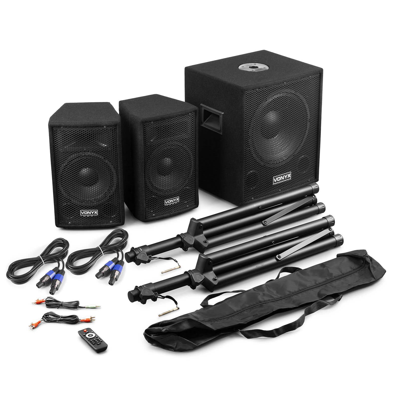 Juego de altavoces negros, soportes, cables y un mando a distancia. Los altavoces están etiquetados como 'VONYX'.
