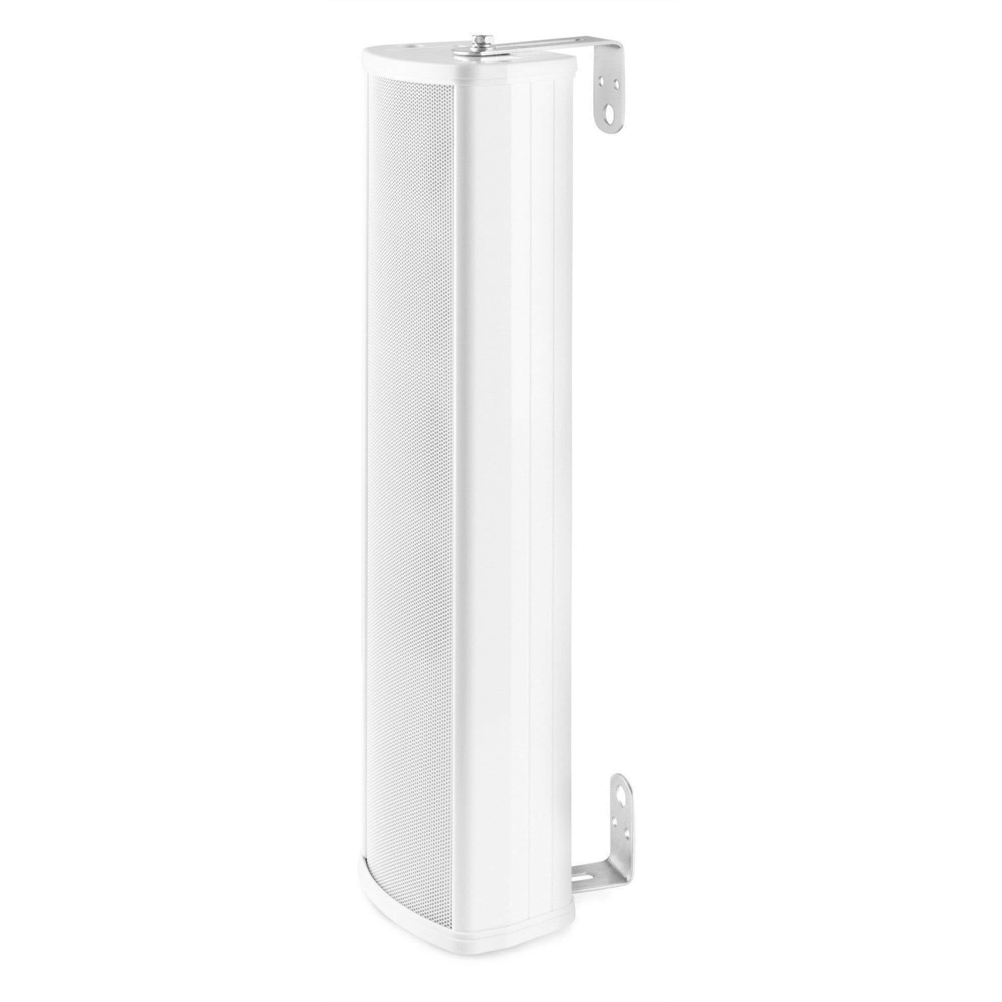 Un altavoz blanco con frontal perforado y soportes de montaje, sobre fondo blanco.