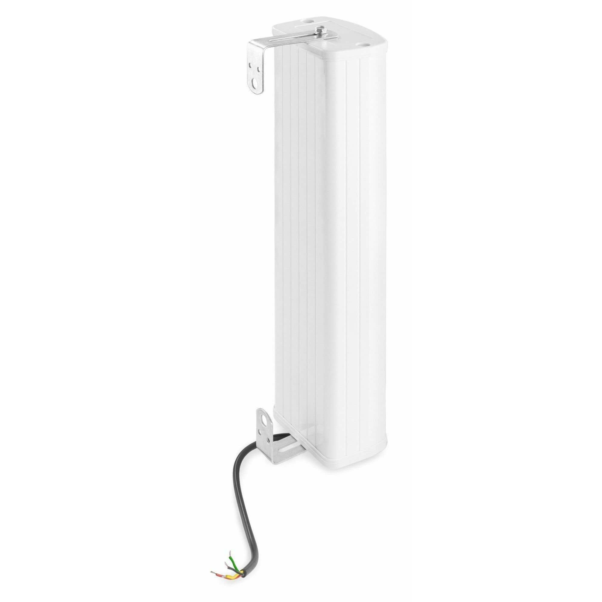 Altavoz blanco y acanalado con soportes de montaje y cables. Los cables tienen hebras rojas, verdes y amarillas expuestas.