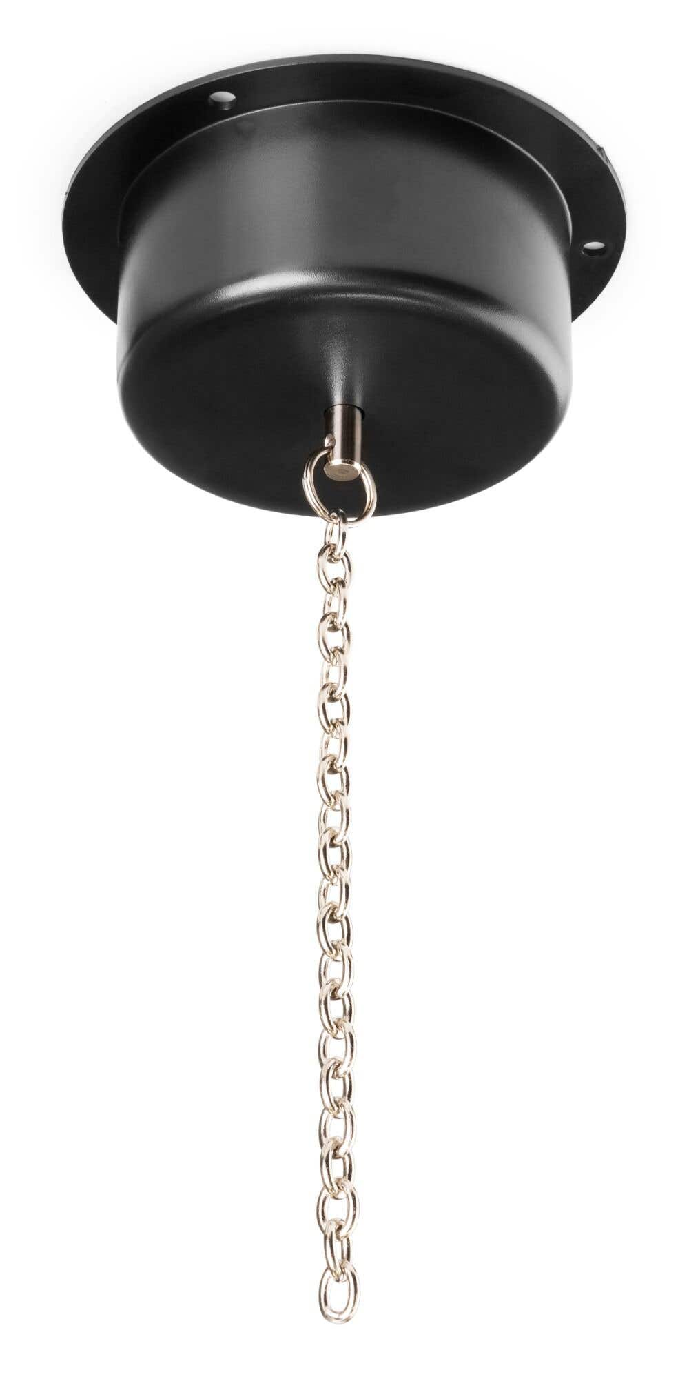 Un objeto circular negro con una cadena colgando. El fondo es blanco.