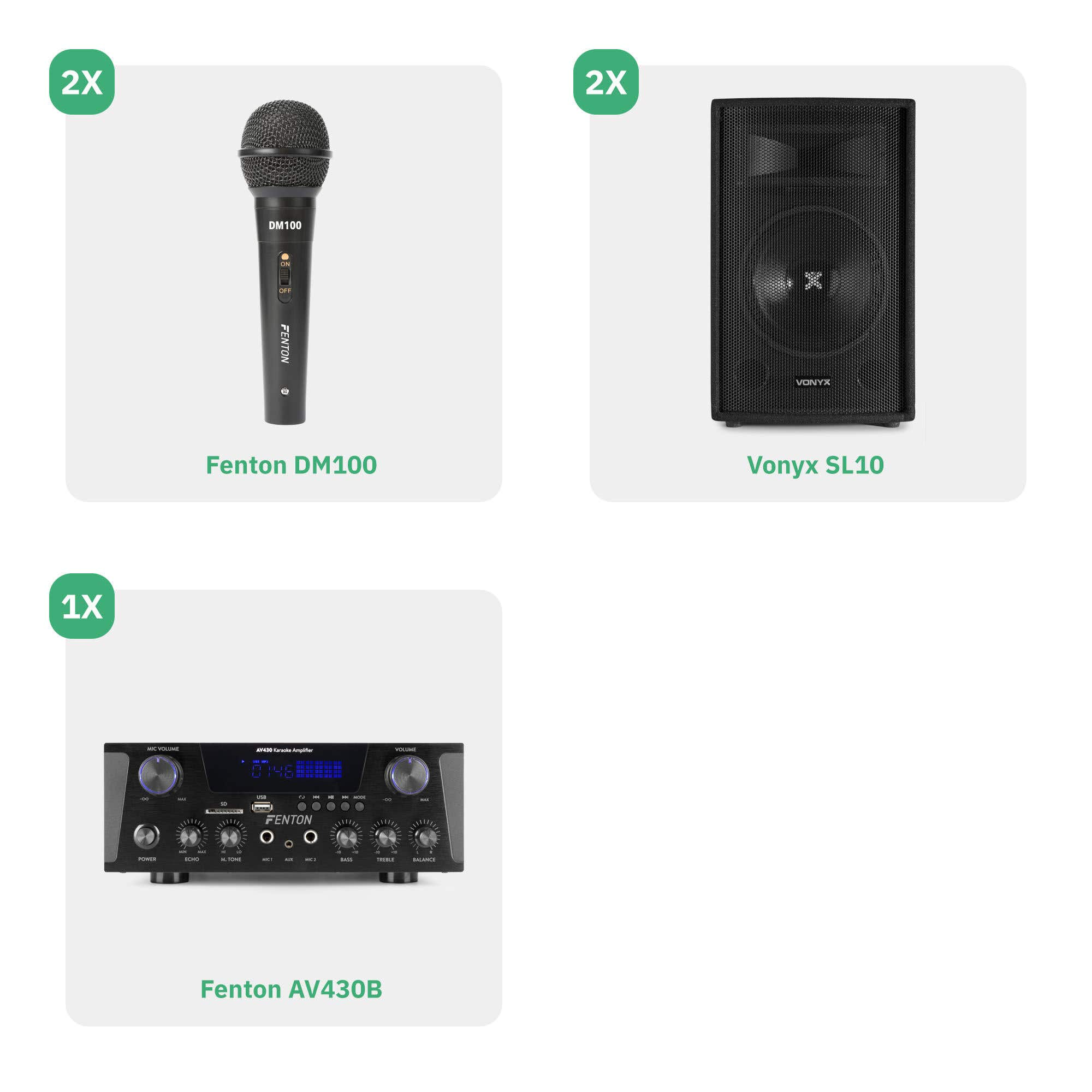 La imagen muestra un micrófono Fenton DM100, un altavoz Vonyx SL10 y un amplificador de karaoke Fenton AV430B.