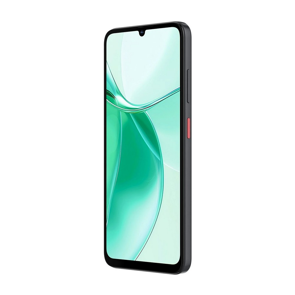 Smartfon z czarną ramką i ekranem wyświetlającym abstrakcyjny zielono-biały wzór. Z boku czerwony przycisk.