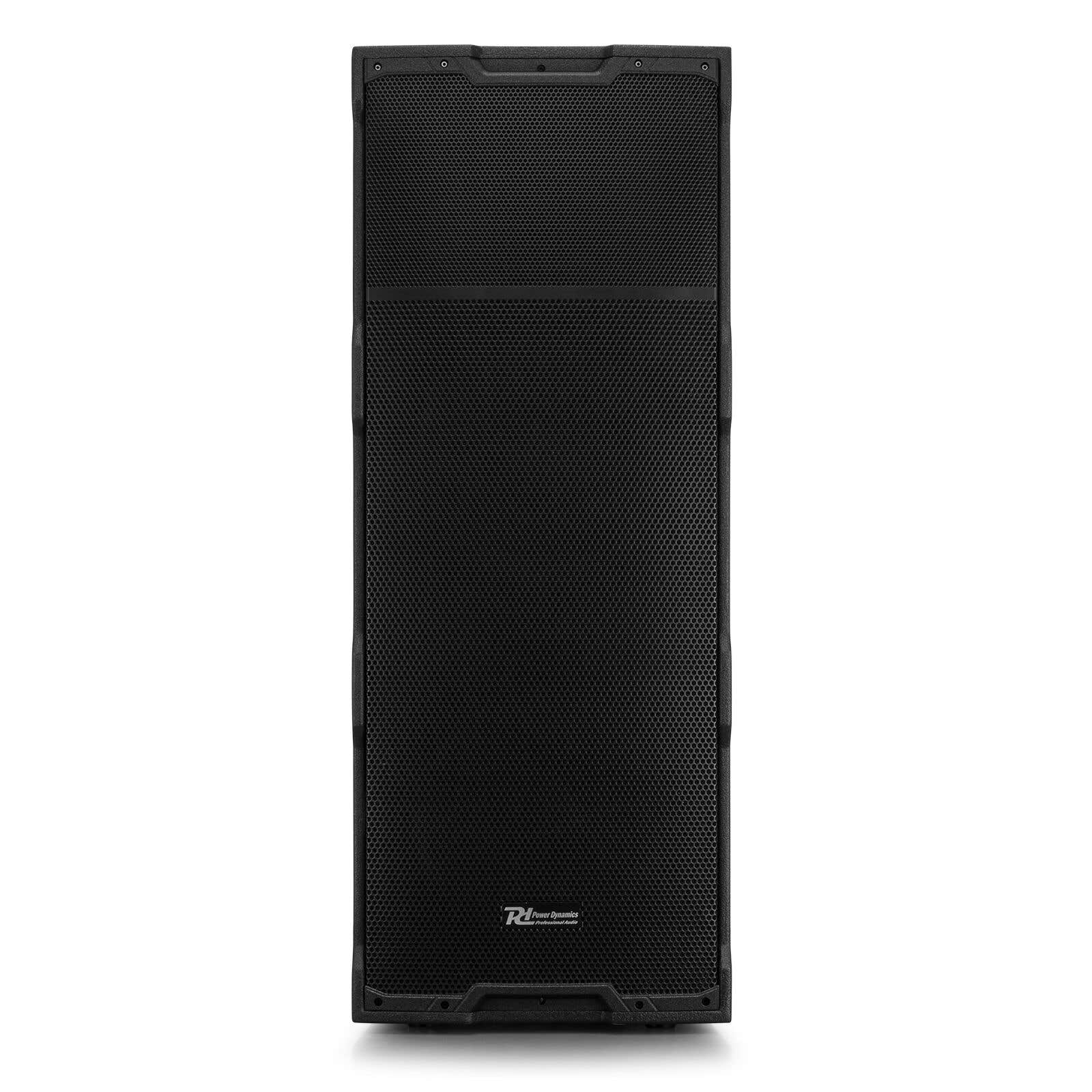 Un altavoz negro alto con una rejilla frontal. El logotipo de Power Dynamics está en la esquina inferior derecha.
