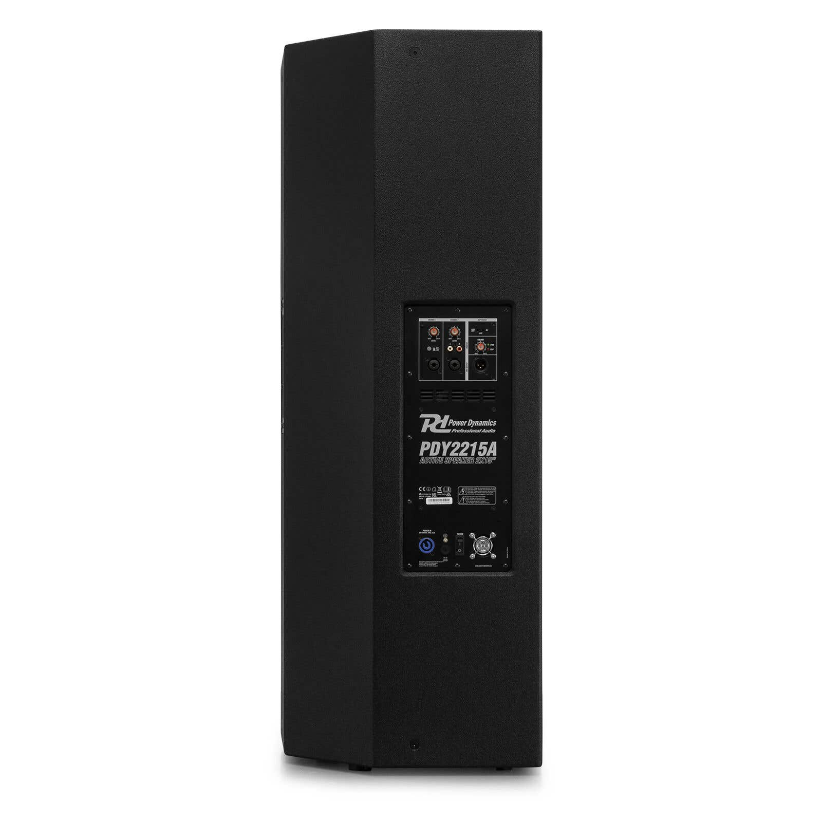 Un altavoz negro PDY2215A, con controles y entradas visibles. Presenta el logotipo de Power Dynamics.